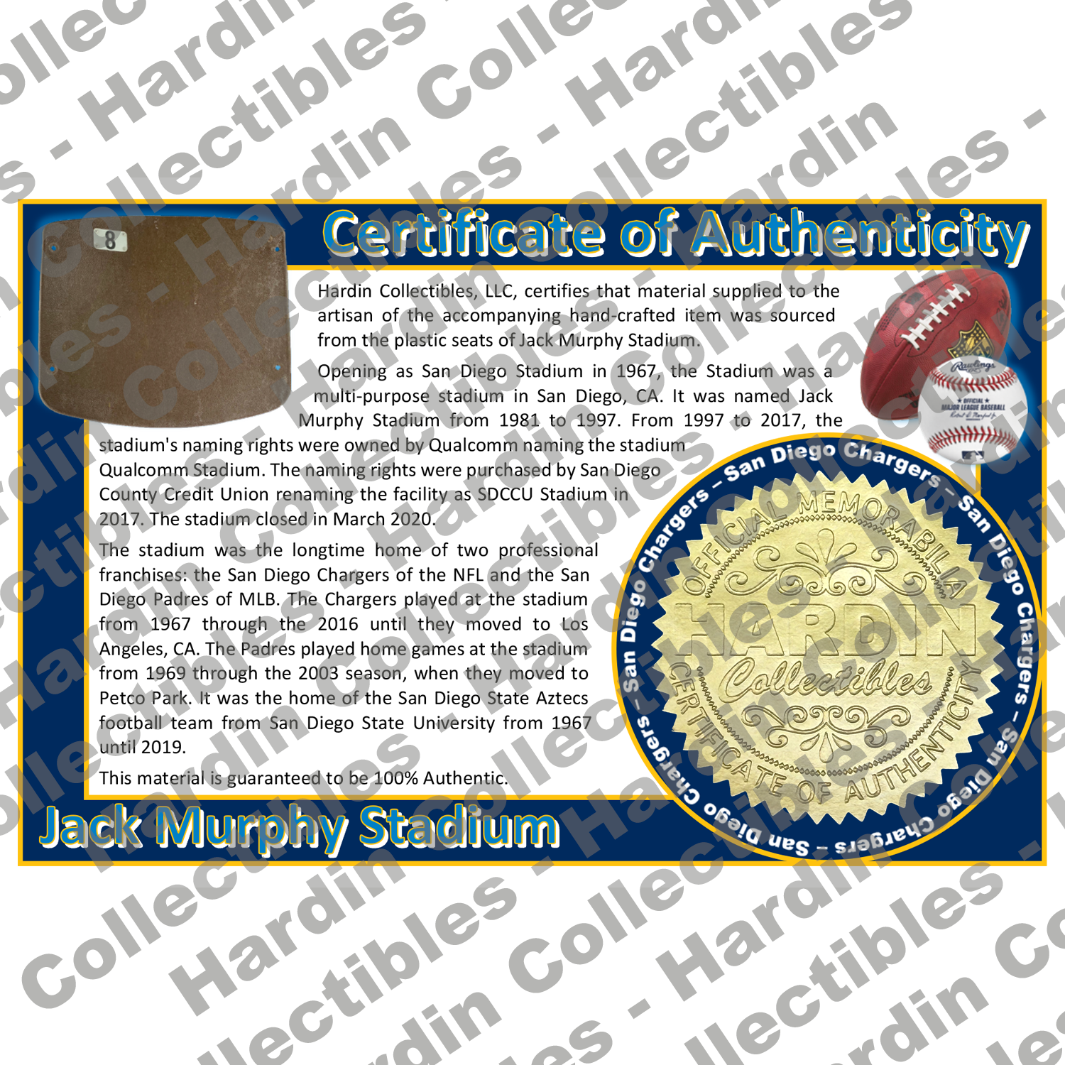 Image of certificate of authenticity for Jack Murphy Stadium (San Diego Chargers) - front