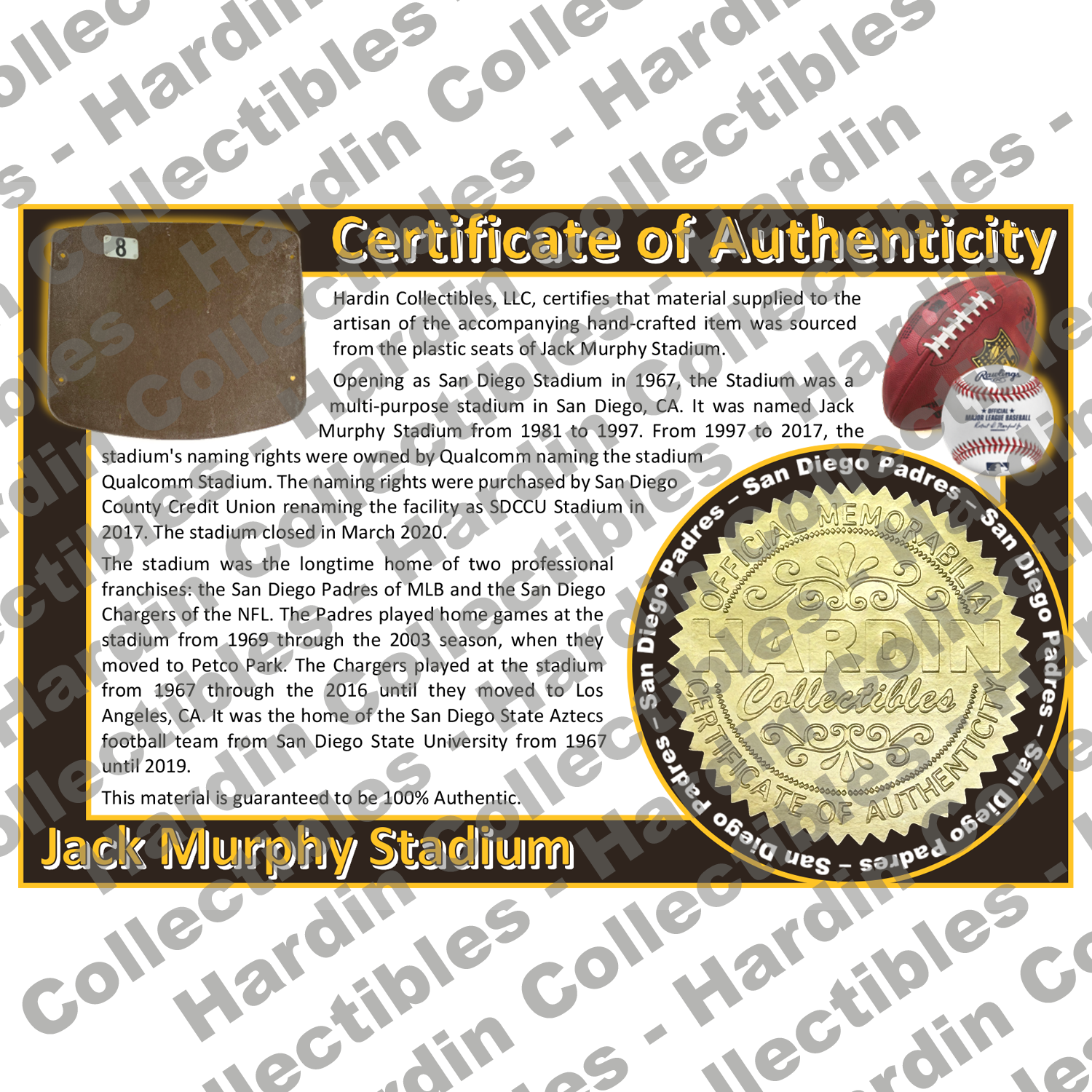 Image of certificate of authenticity for Jack Murphy Stadium (San Diego Padres) - front