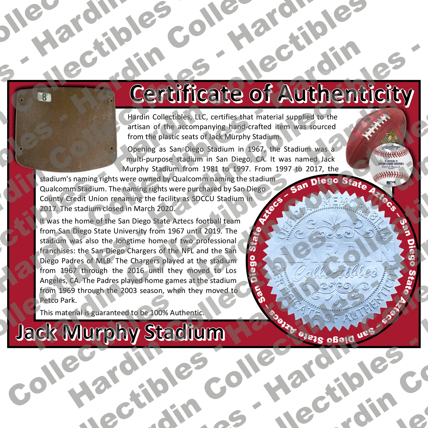 Image of certificate of authenticity for Jack Murphy Stadium (San Diego State Aztecs) - front