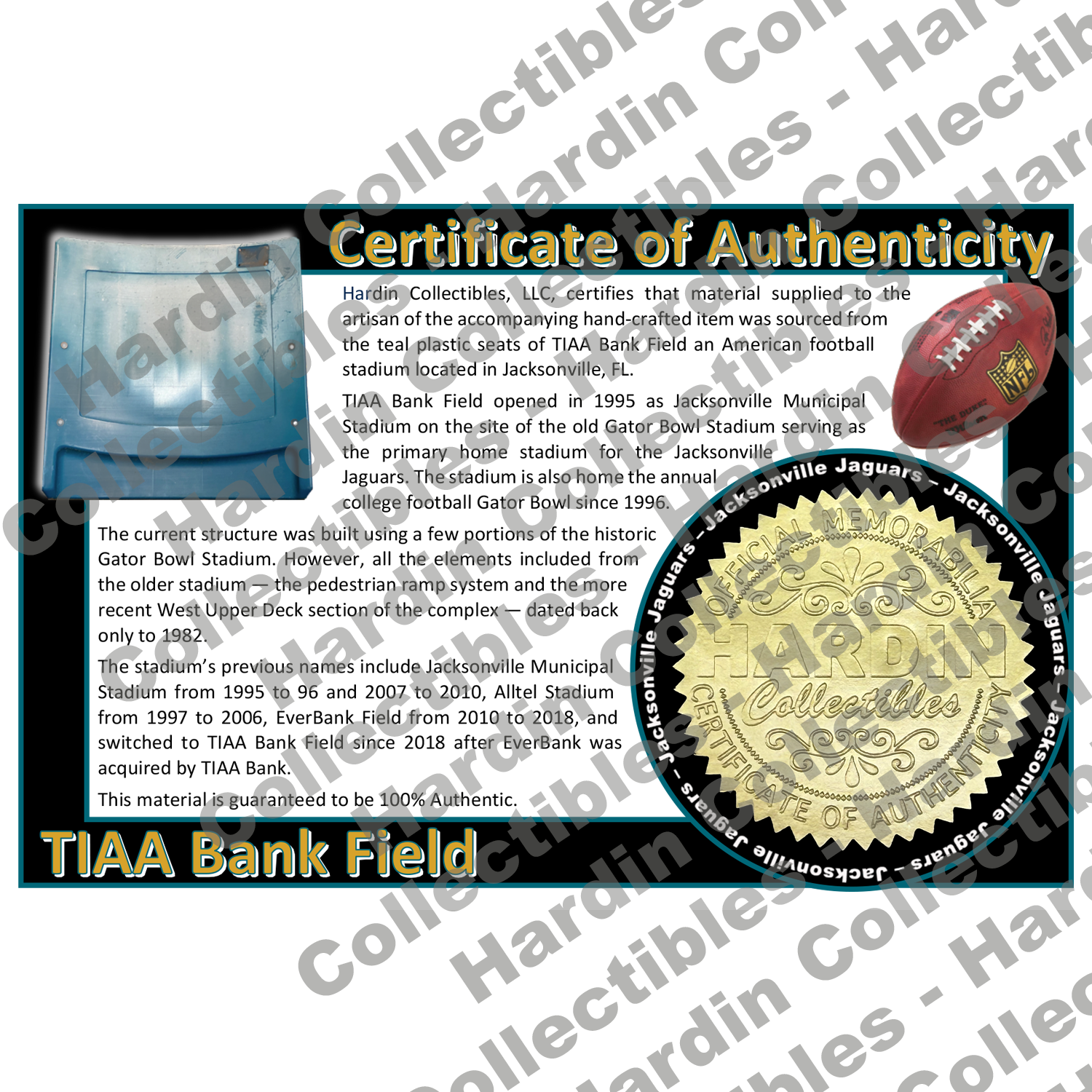 Image of certificate of authenticity for TIAA Bank Field (Jacksonville Jaguars) - front