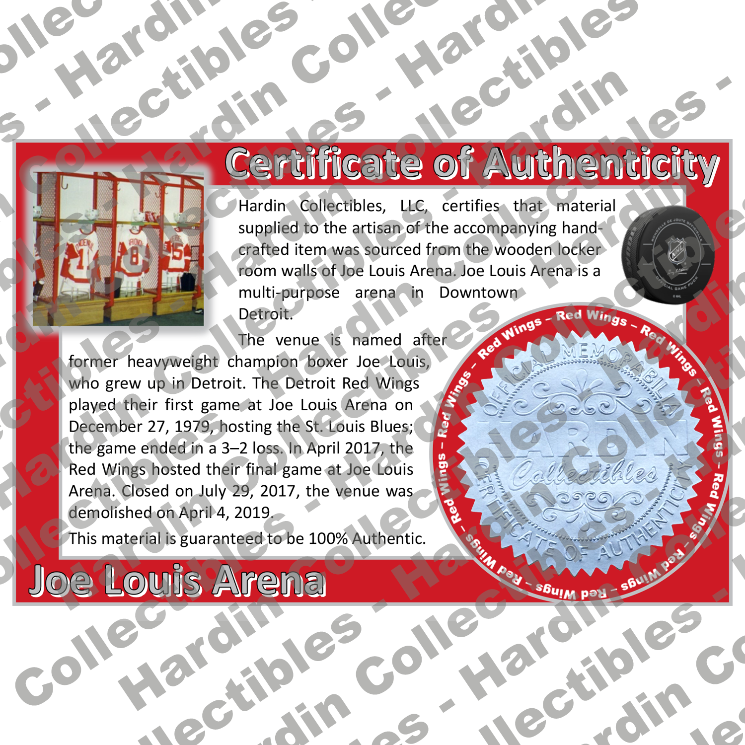 Image of certificate of authenticity for Joe Louis Arena (Detroit Red Wings & Detroit Pistons) - front