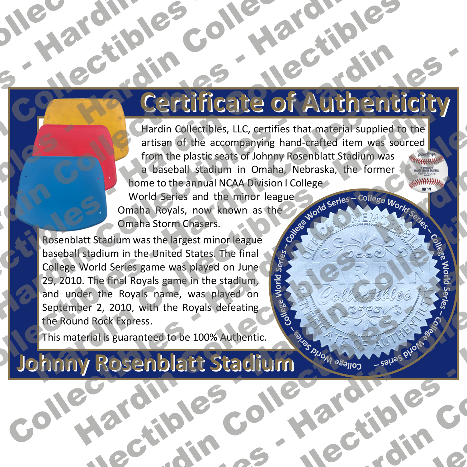 Image of certificate of authenticity for Johnny Rosenblatt Stadium (College World Series) - front