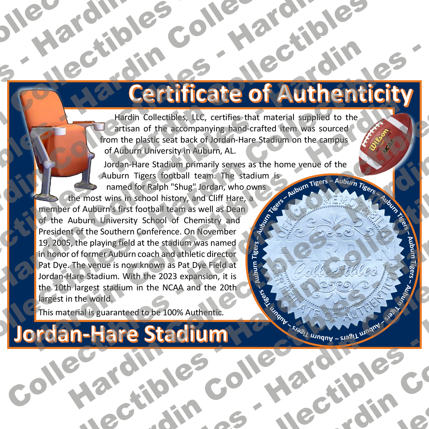 Image of certificate of authenticity for Jordan-Hare Stadium (Auburn University) - front