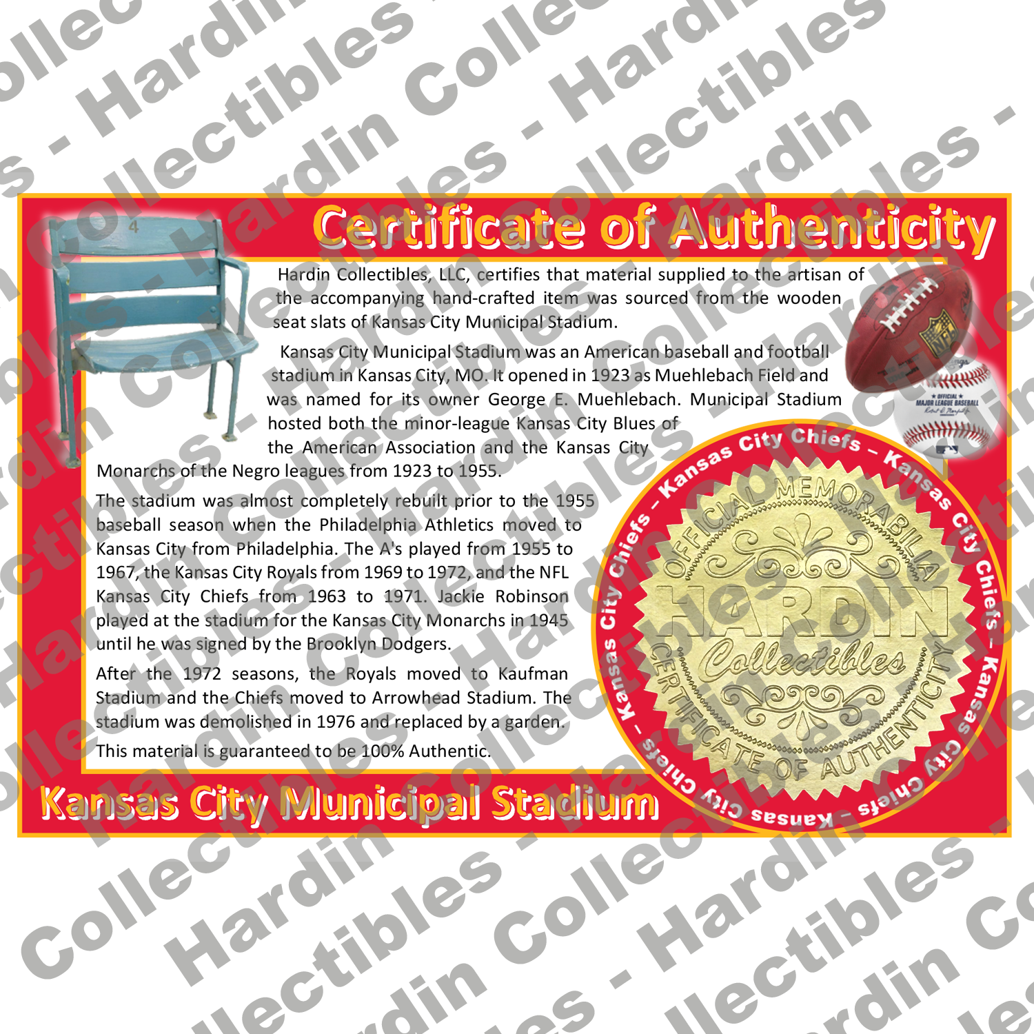 Image of certificate of authenticity for Kansas City Municipal (Kansas City Royals, Athletics, & Chiefs) - front