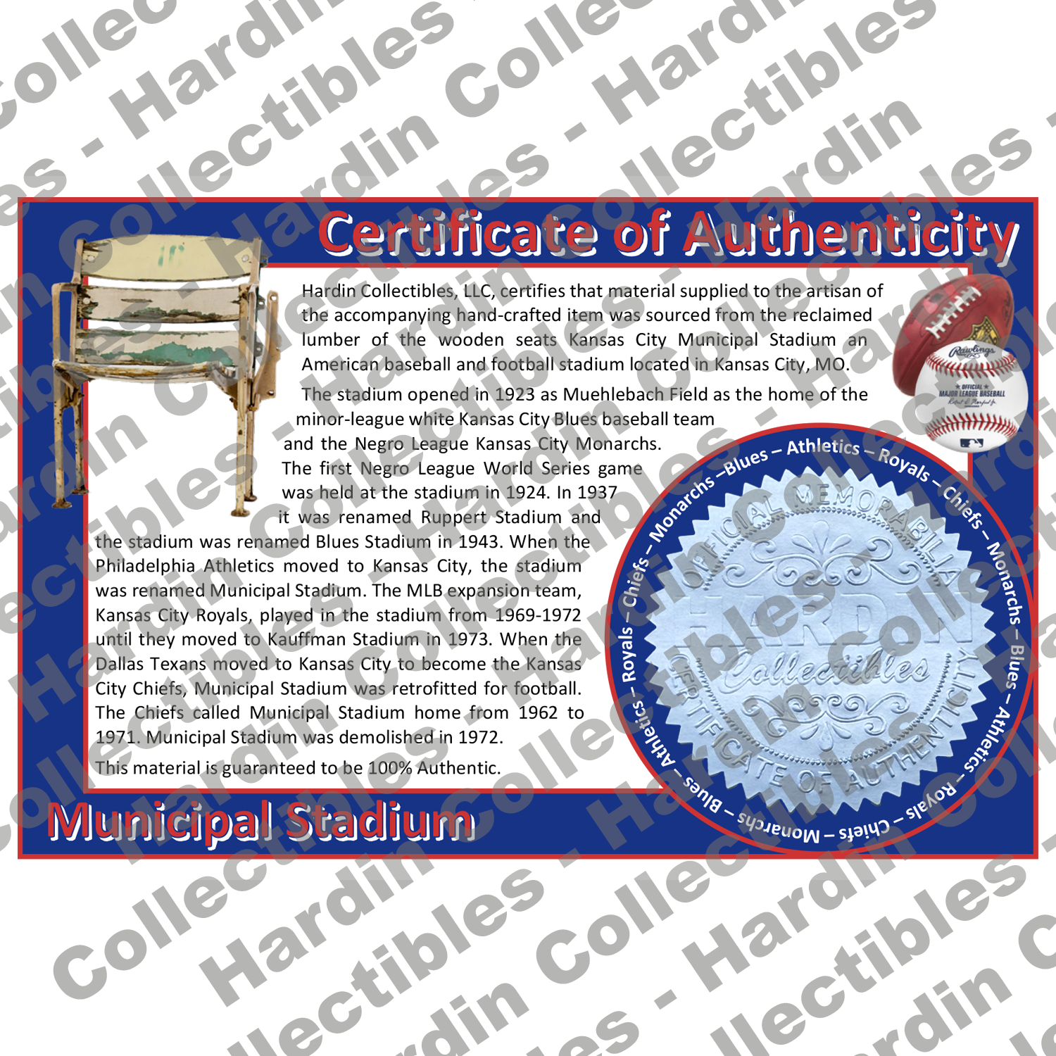 Image of certificate of authenticity for Kansas City Municipal (Kansas City Royals, At - kansas-city-chiefs-extra-coa - front