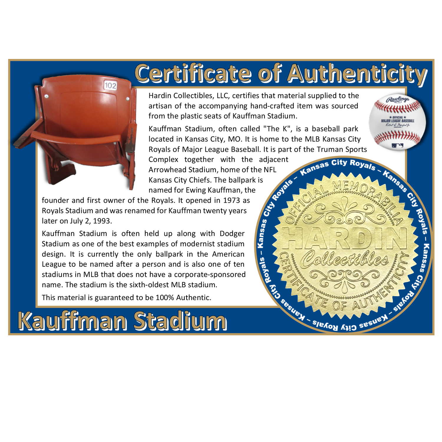 Image of certificate of authenticity for Kauffman Stadium (Kansas City Royals) - front