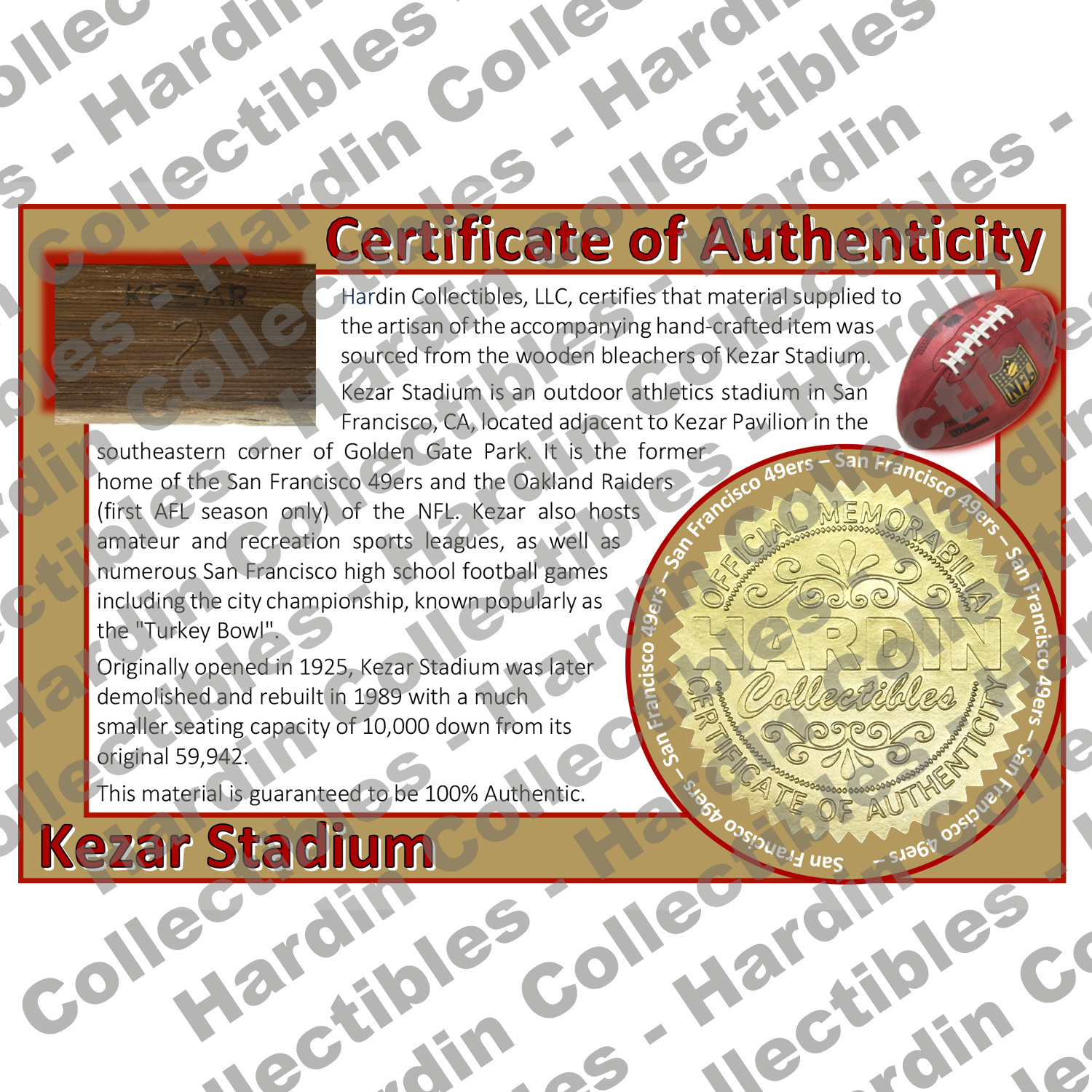 Image of certificate of authenticity for Kezar Stadium (San Francisco 49ers) - front