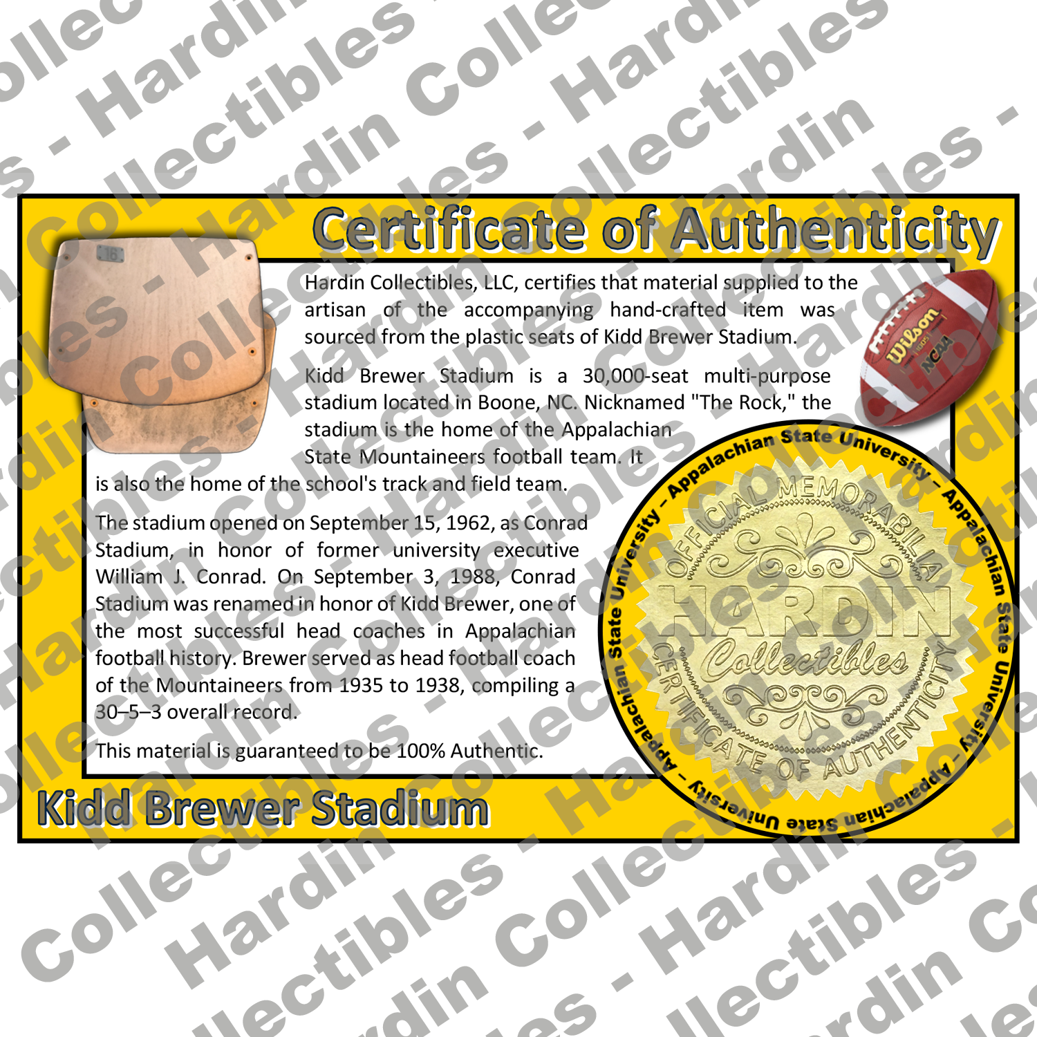 Image of certificate of authenticity for Kidd Brewer Stadium (Appalachian State University) - front