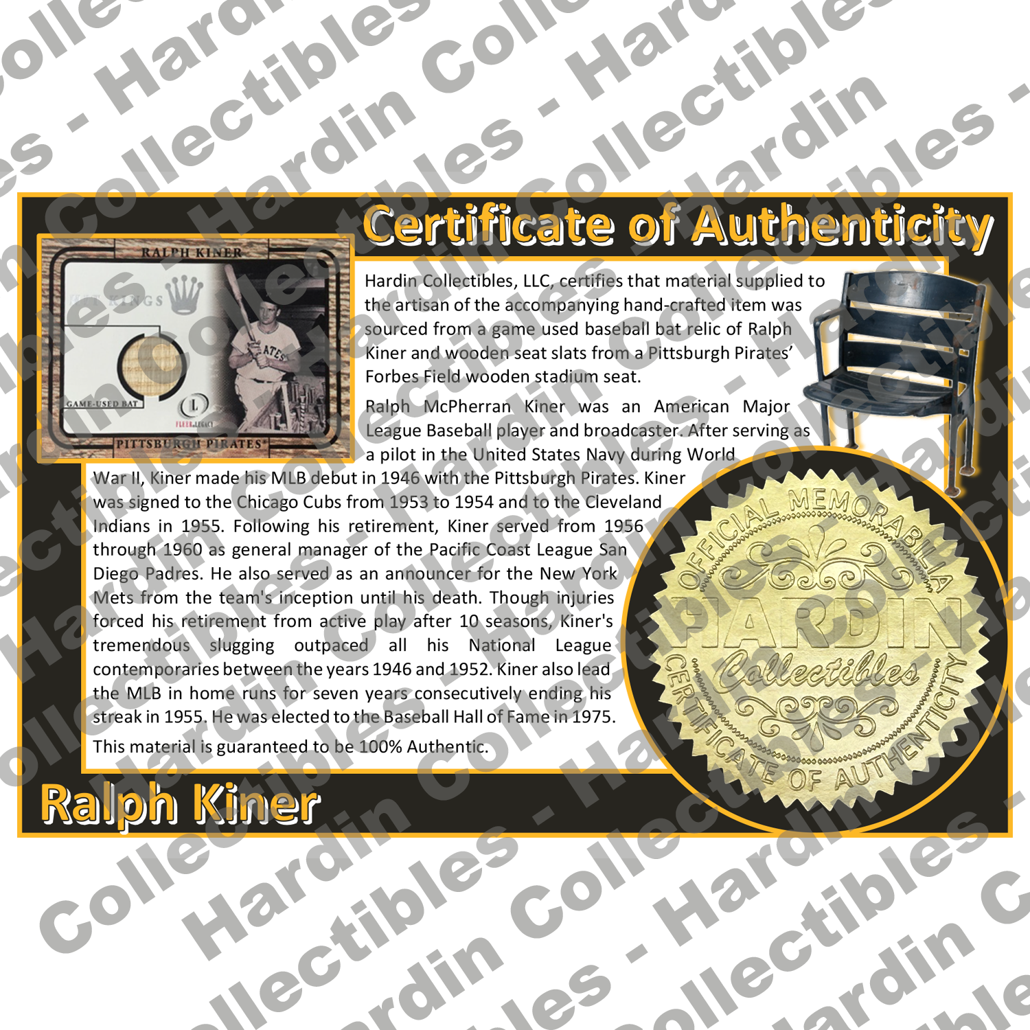 Image of certificate of authenticity for Kiner, Ralph 