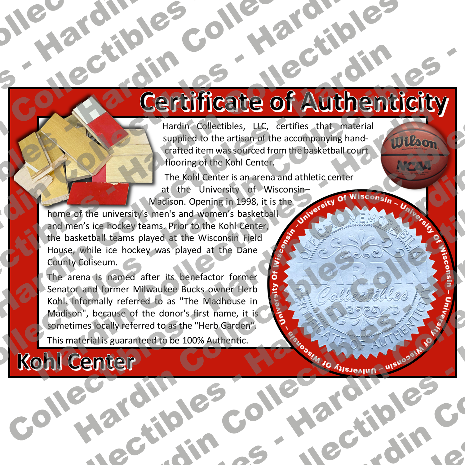 Image of certificate of authenticity for Kohl Center (University of Wisconsin–Madison) - front