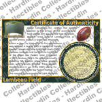 Image of certificate of authenticity for Lambeau Field (Green Bay Packers) [PLASTIC] - front