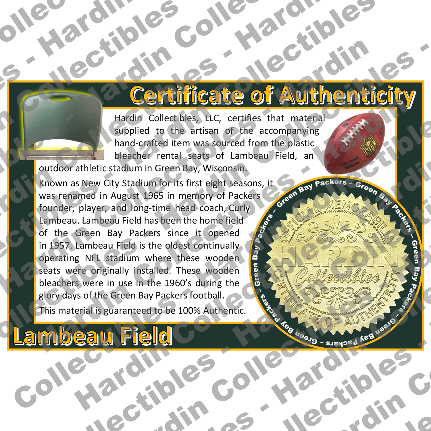 Image of certificate of authenticity for Lambeau Field (Green Bay Packers) [PLASTIC] - front