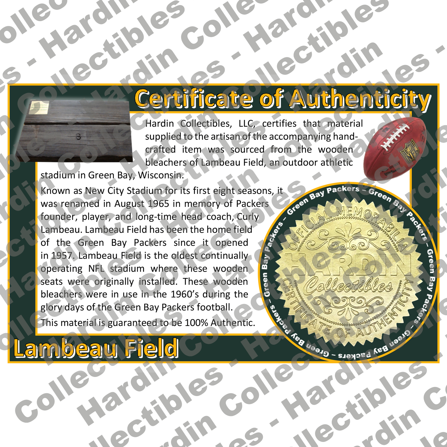 Image of certificate of authenticity for Lambeau Field (Green Bay Packers) [WOOD] - front