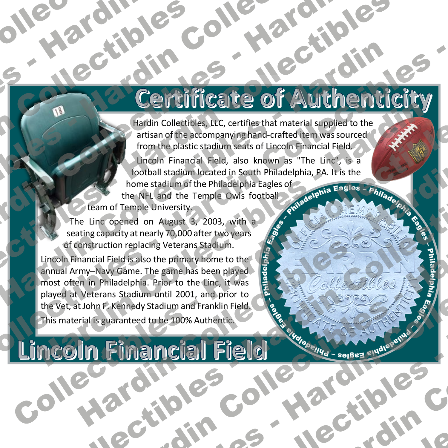 Image of certificate of authenticity for Lincoln Financial Field (Philadelphia Eagles) - front