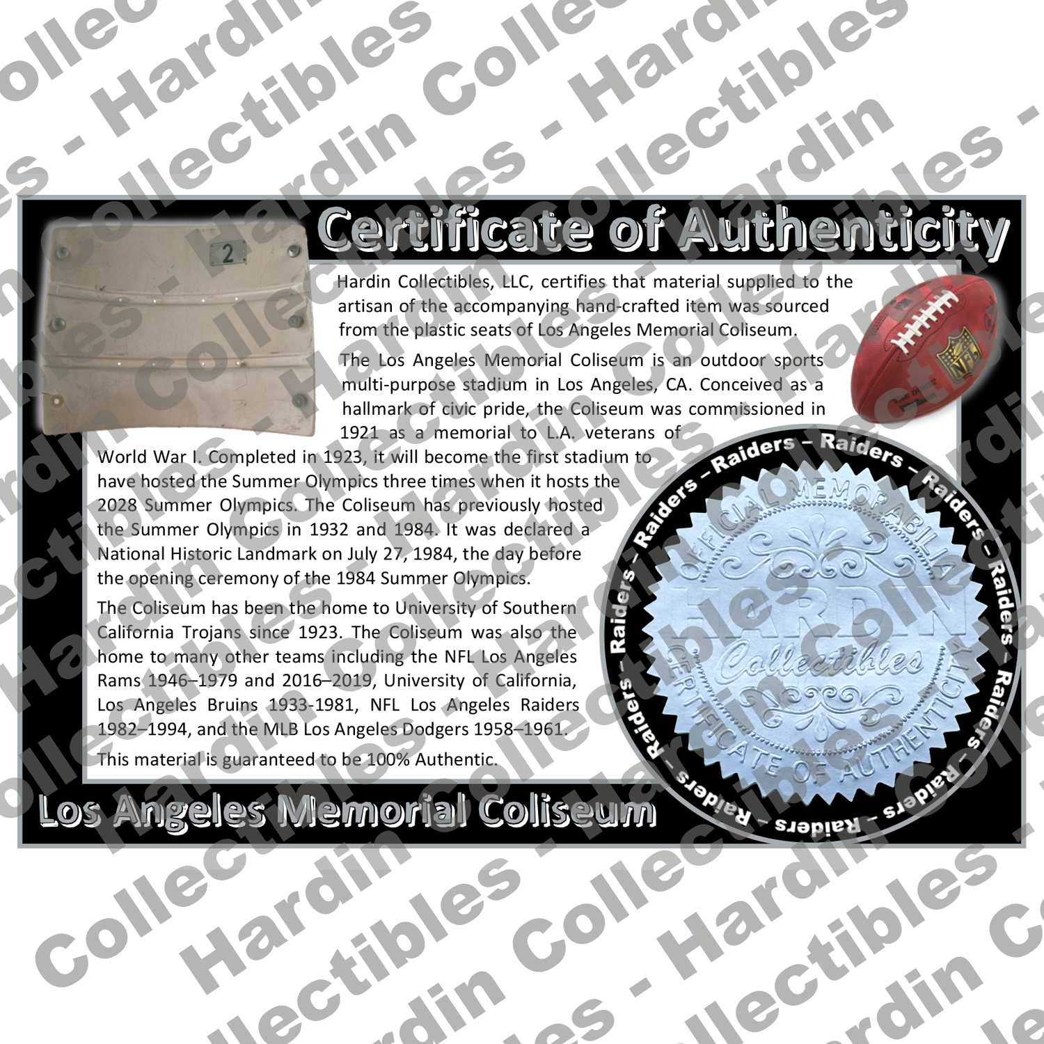 Image of certificate of authenticity for Los Angeles Memorial Coliseum (Los Angeles Raiders) - front