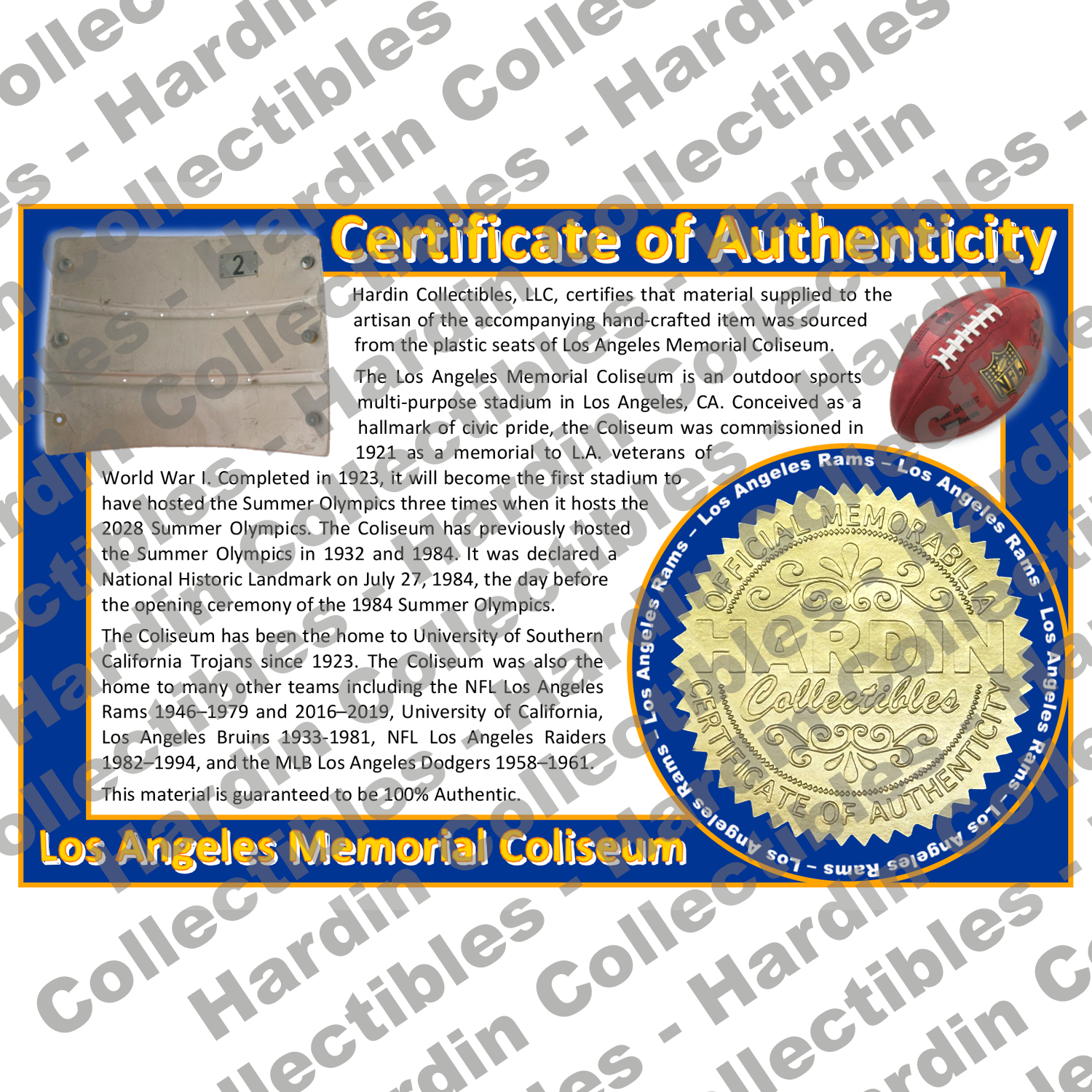 Image of certificate of authenticity for Los Angeles Memorial Coliseum (Los Angeles Rams) - front