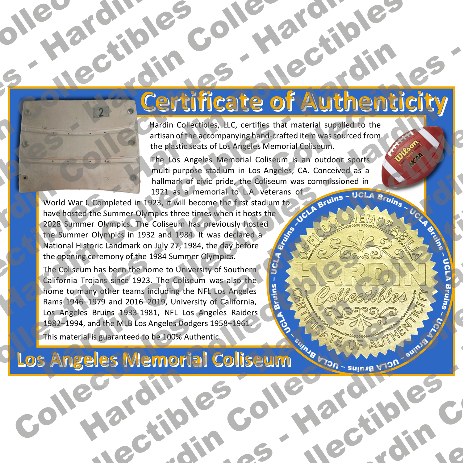 Image of certificate of authenticity for Los Angeles Memorial Coliseum (University of California,  Los Angeles) - front
