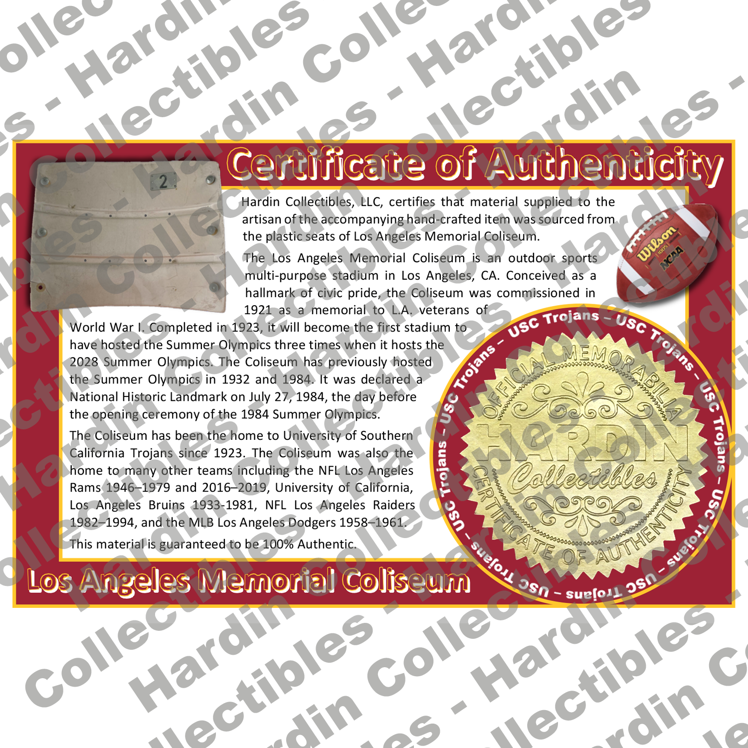 Image of certificate of authenticity for Los Angeles Memorial Coliseum (University of Southern California) - front
