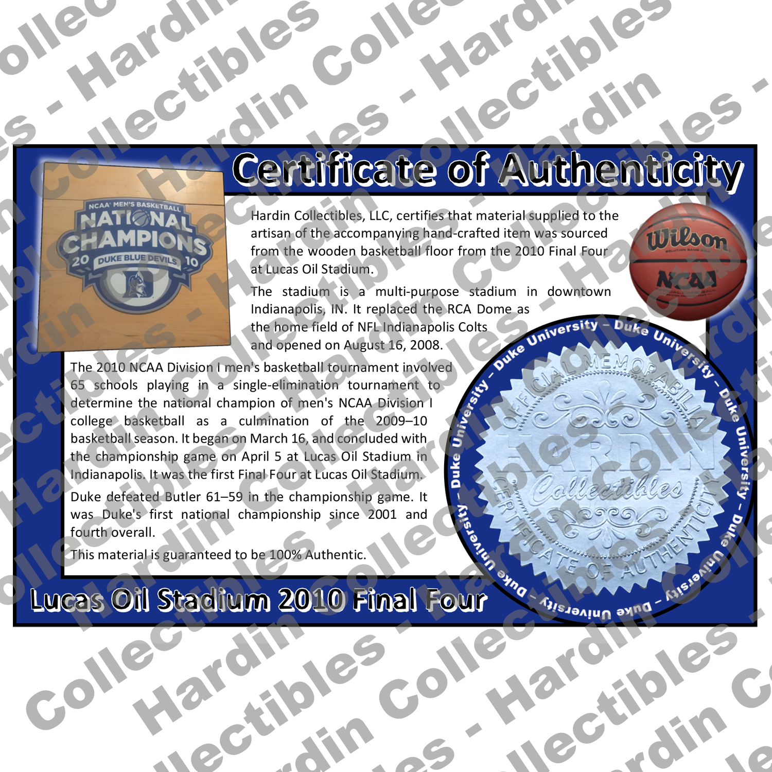 Image of certificate of authenticity for Lucas Oil Stadium (2010 Final Four) Duke University - front
