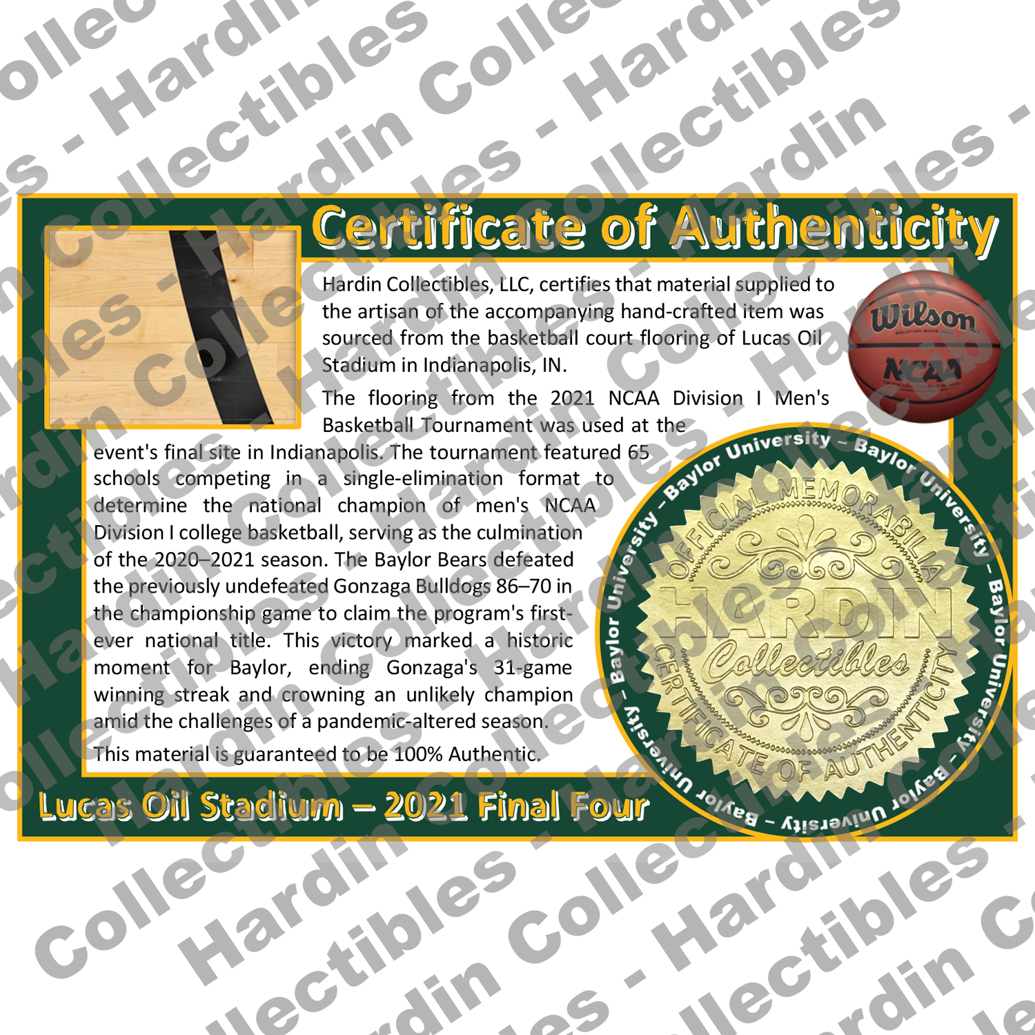 Image of certificate of authenticity for Lucas Oil Stadium (2021 Final Four) Baylor University - front