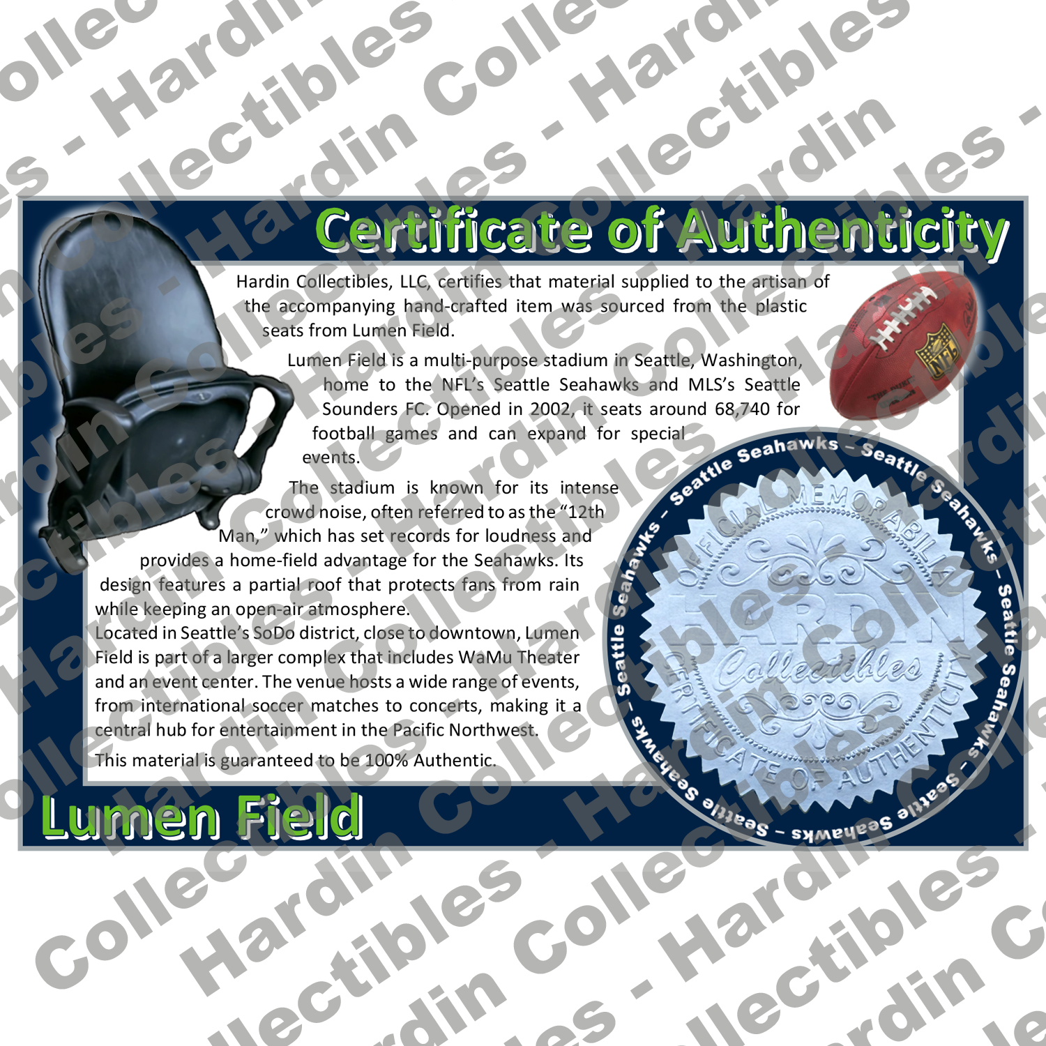 Image of certificate of authenticity for Lumen Field (Seattle Seahawks) - front