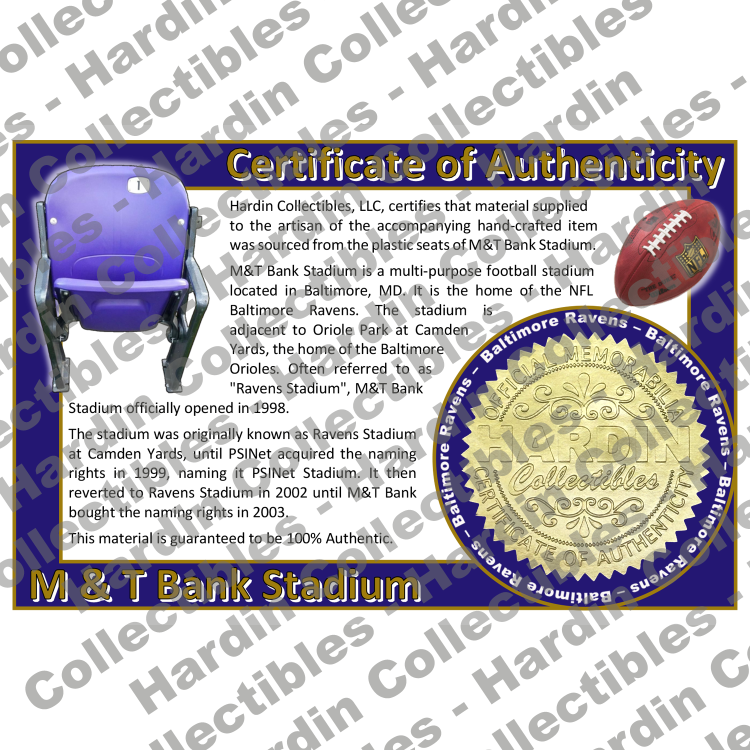 Image of certificate of authenticity for M&T Bank Stadium (Baltimore Ravens) - front