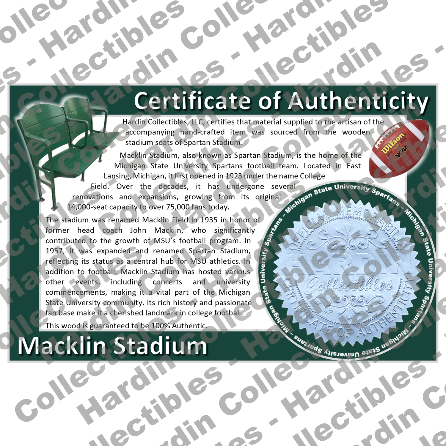Image of certificate of authenticity for Macklin Stadium [Spartan Stadium] (Michigan State University) - front