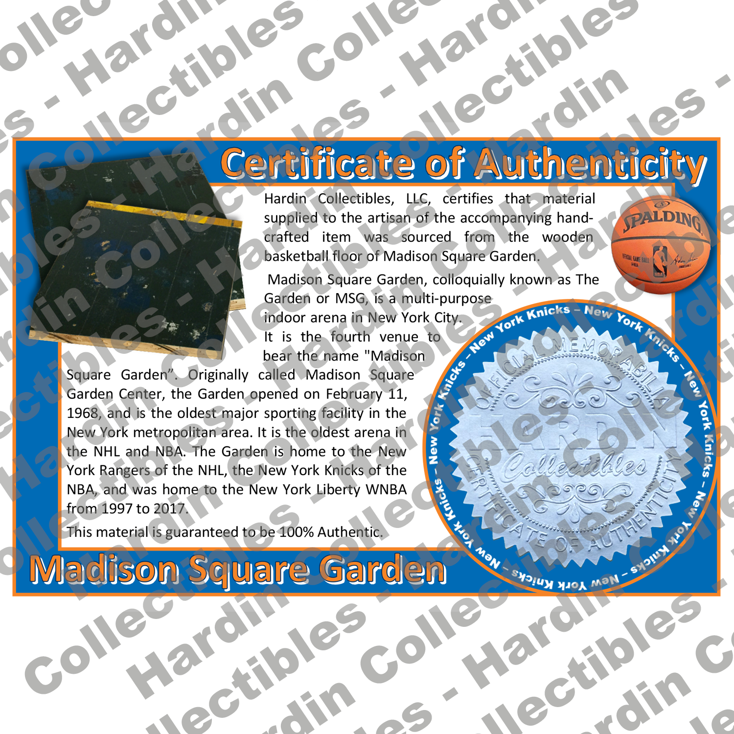 Image of certificate of authenticity for Madison Square Garden (New York Knicks) - front