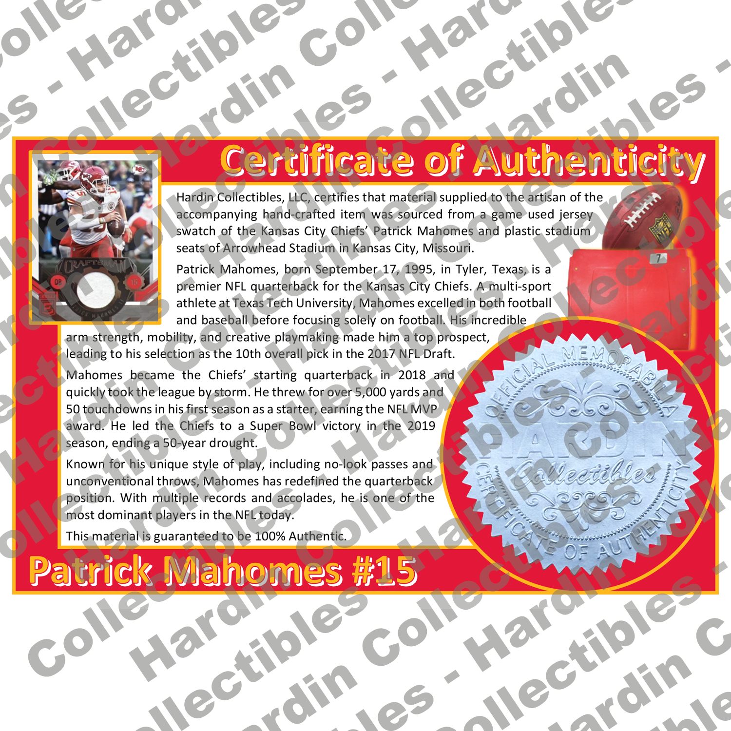 Image of certificate of authenticity for Mahomes, Patrick 