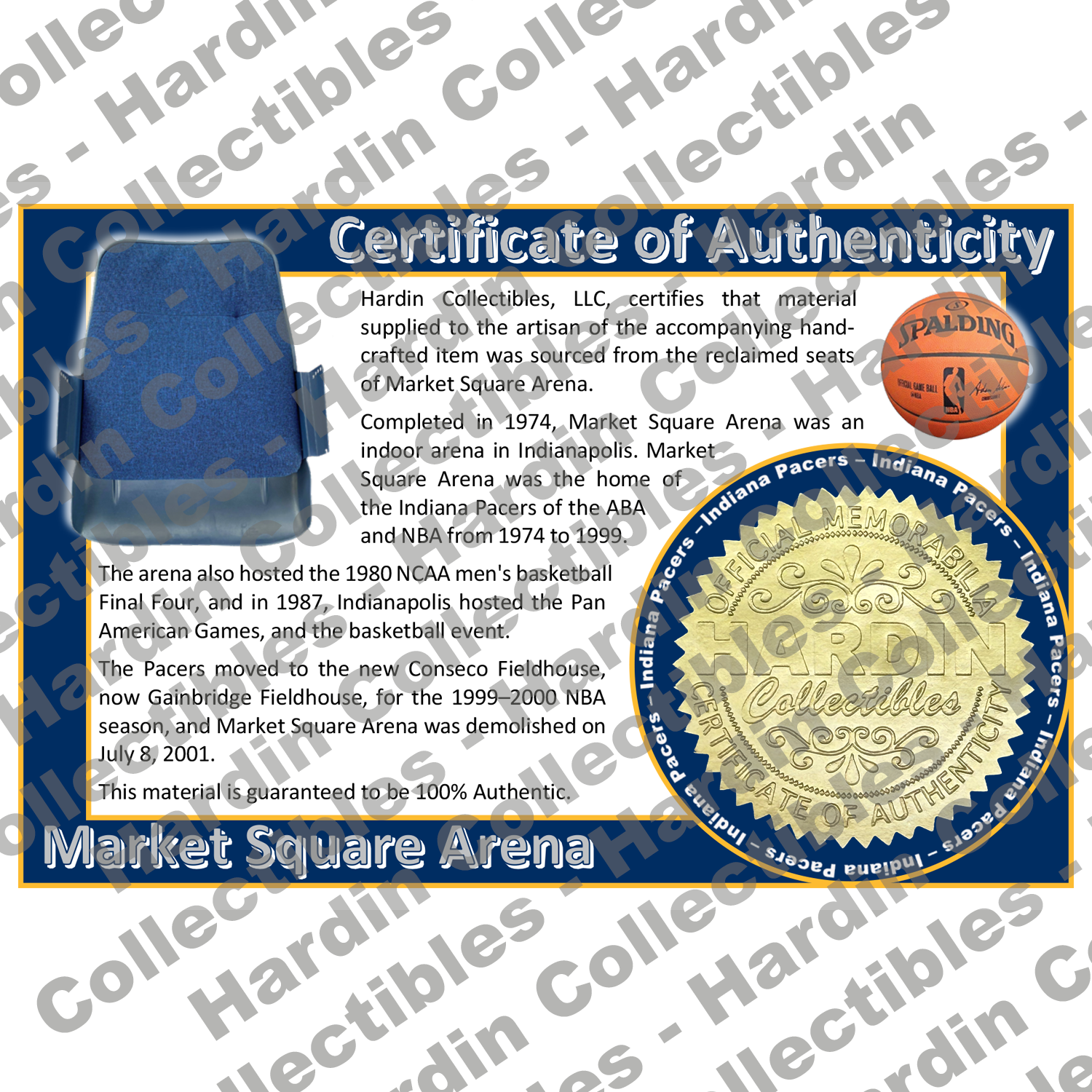 Image of certificate of authenticity for Market Square Arena (Indiana Pacers) - front