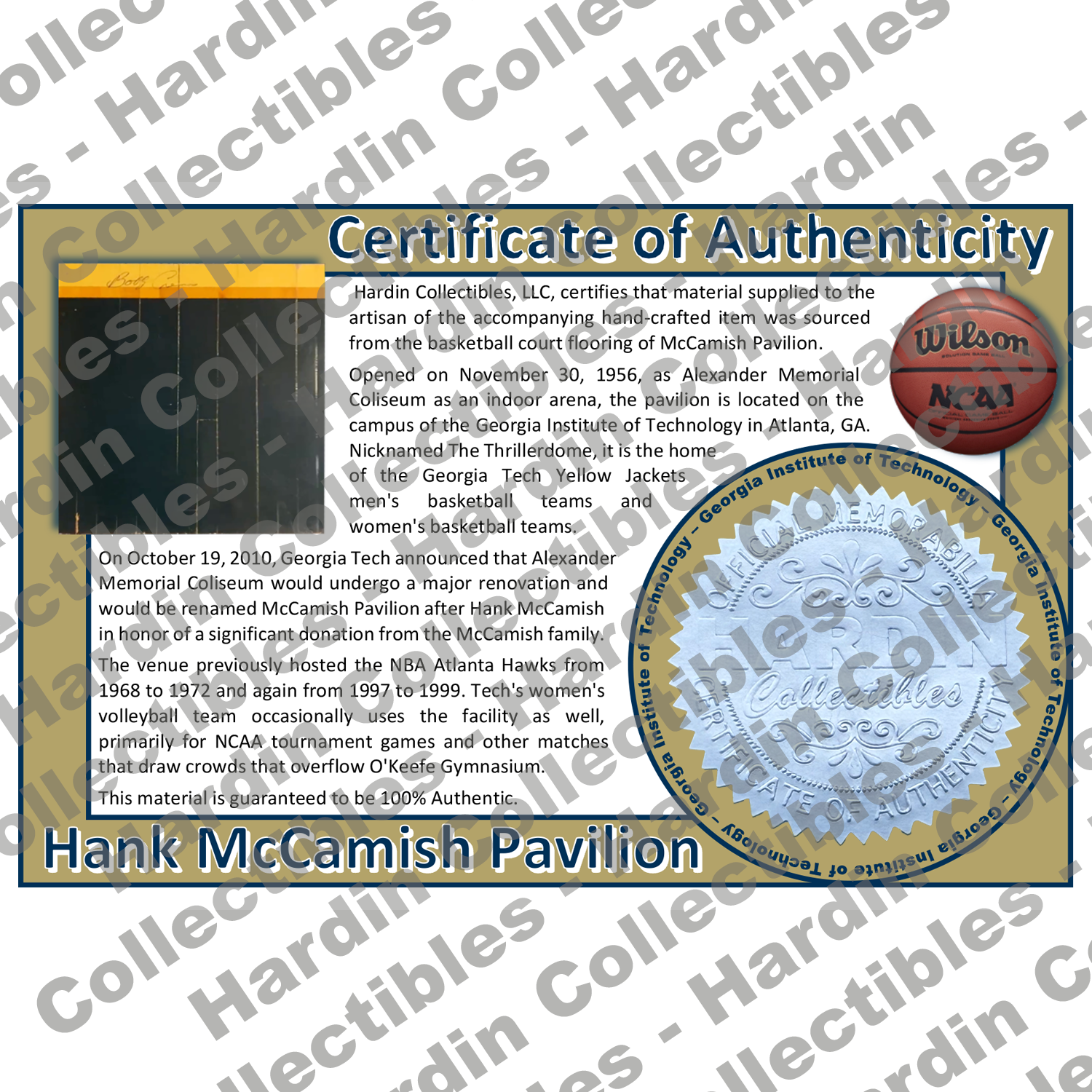 Image of certificate of authenticity for McCamish Pavilion (Georgia Tech) - front