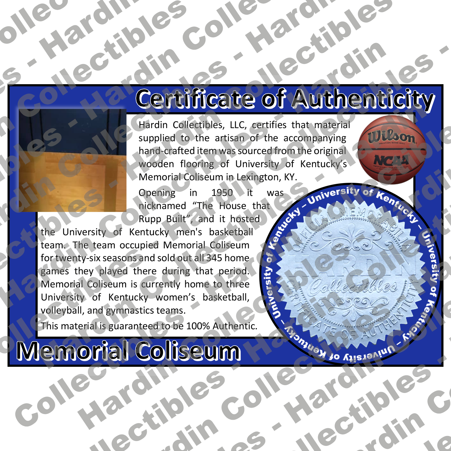Image of certificate of authenticity for Memorial Coliseum (University of Kentucky) - front