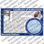 Image of certificate of authenticity for Memorial Stadium (Baltimore Orioles, Ravens, & Colts) - front