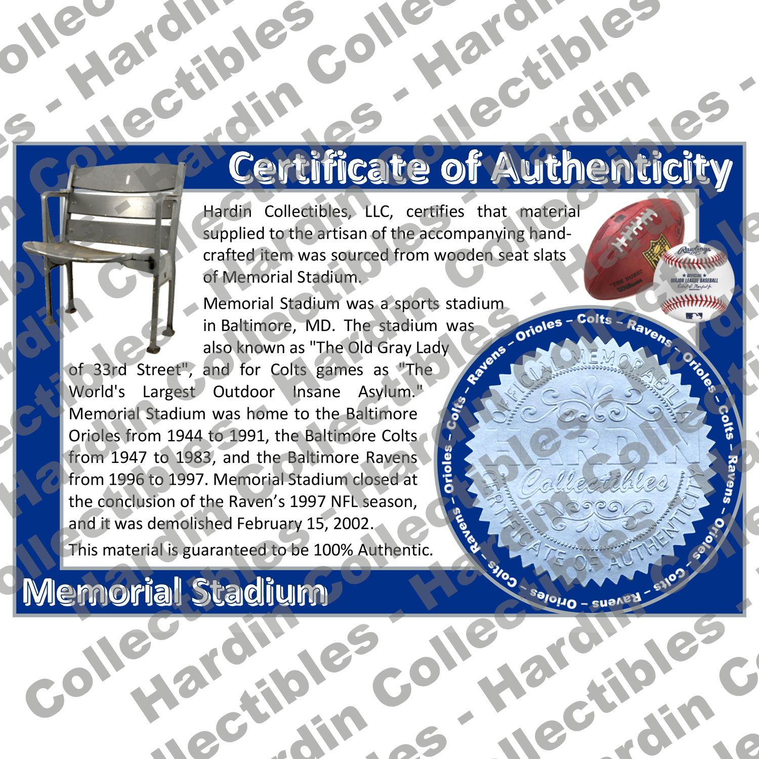 Image of certificate of authenticity for Memorial Stadium (Baltimore Orioles, Ravens, & Colts) - front