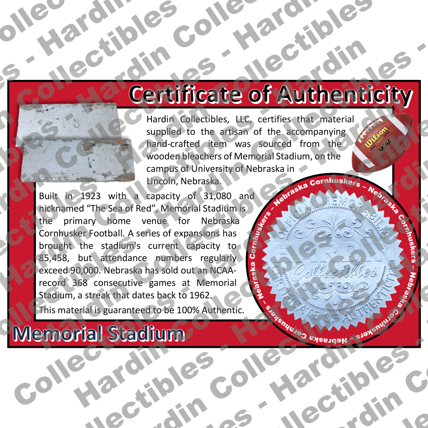 Image of certificate of authenticity for Memorial Stadium [Lincoln] (University of Nebraska-Lincoln) - front