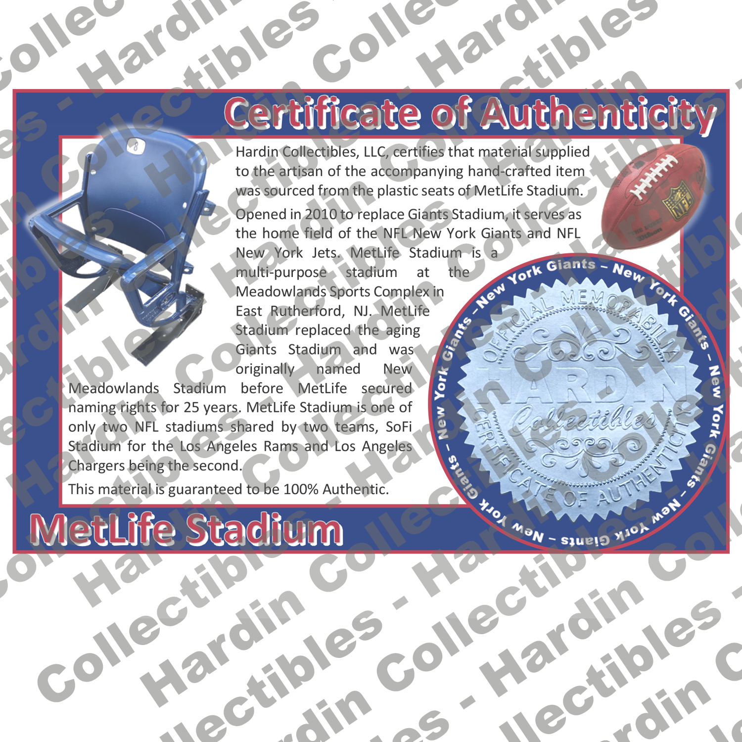 Image of certificate of authenticity for MetLife Stadium (New York Giants) - front