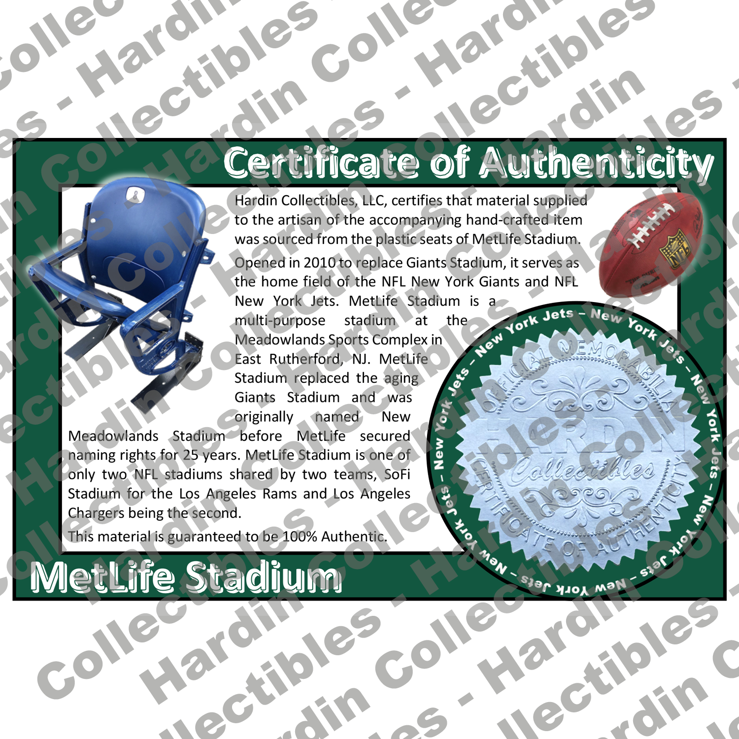 Image of certificate of authenticity for MetLife Stadium (New York Jets) - front