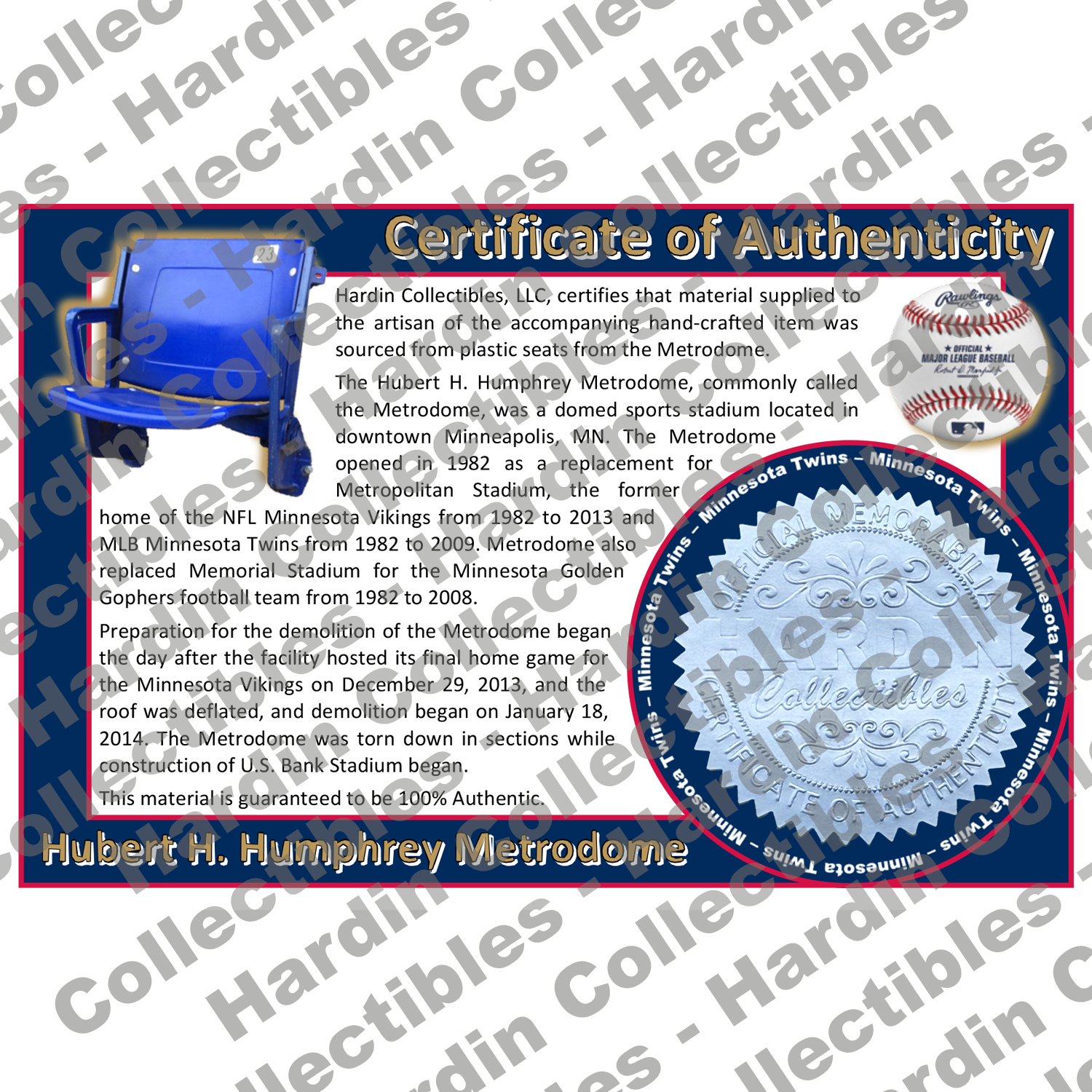 Image of certificate of authenticity for Metrodome (Minnesota Twins) - front