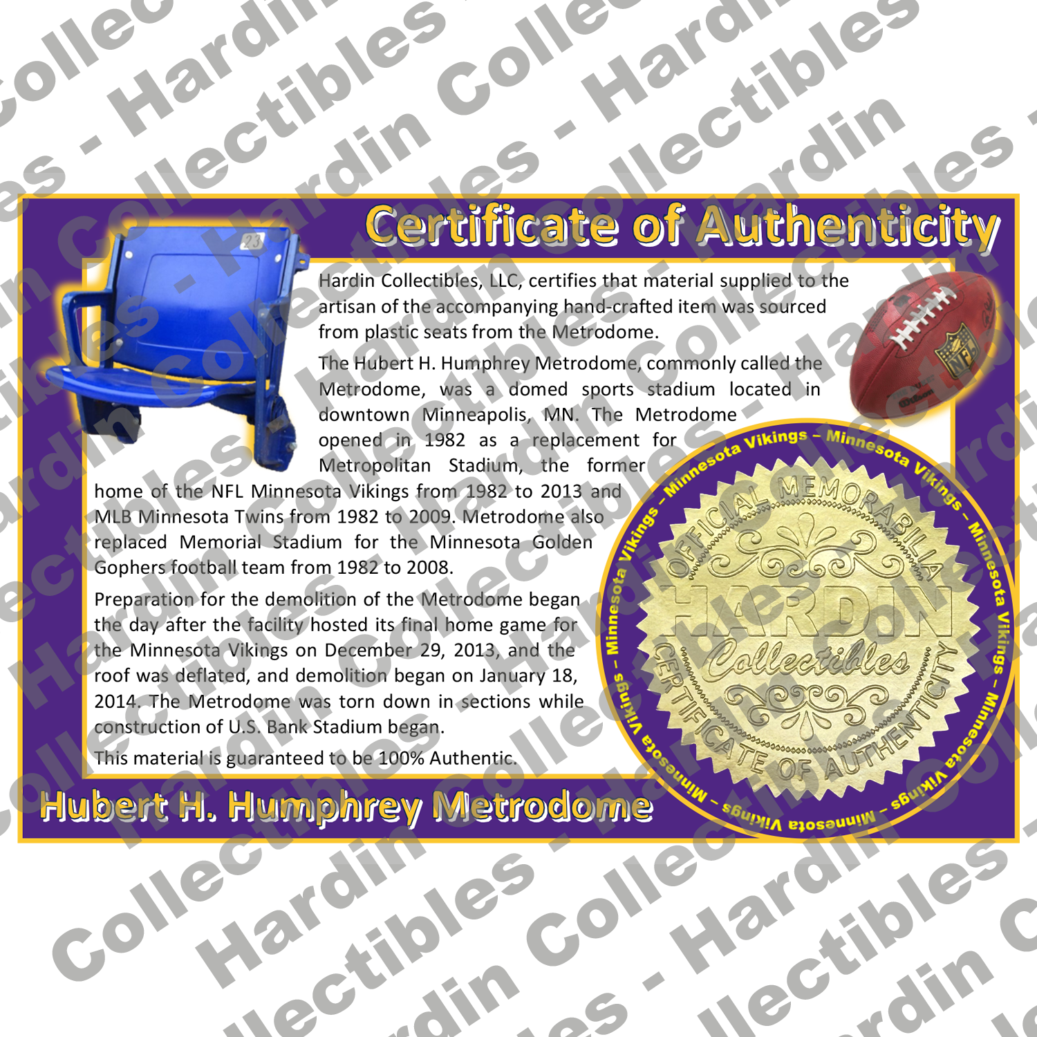 Image of certificate of authenticity for Metrodome (Minnesota Vikings) - front