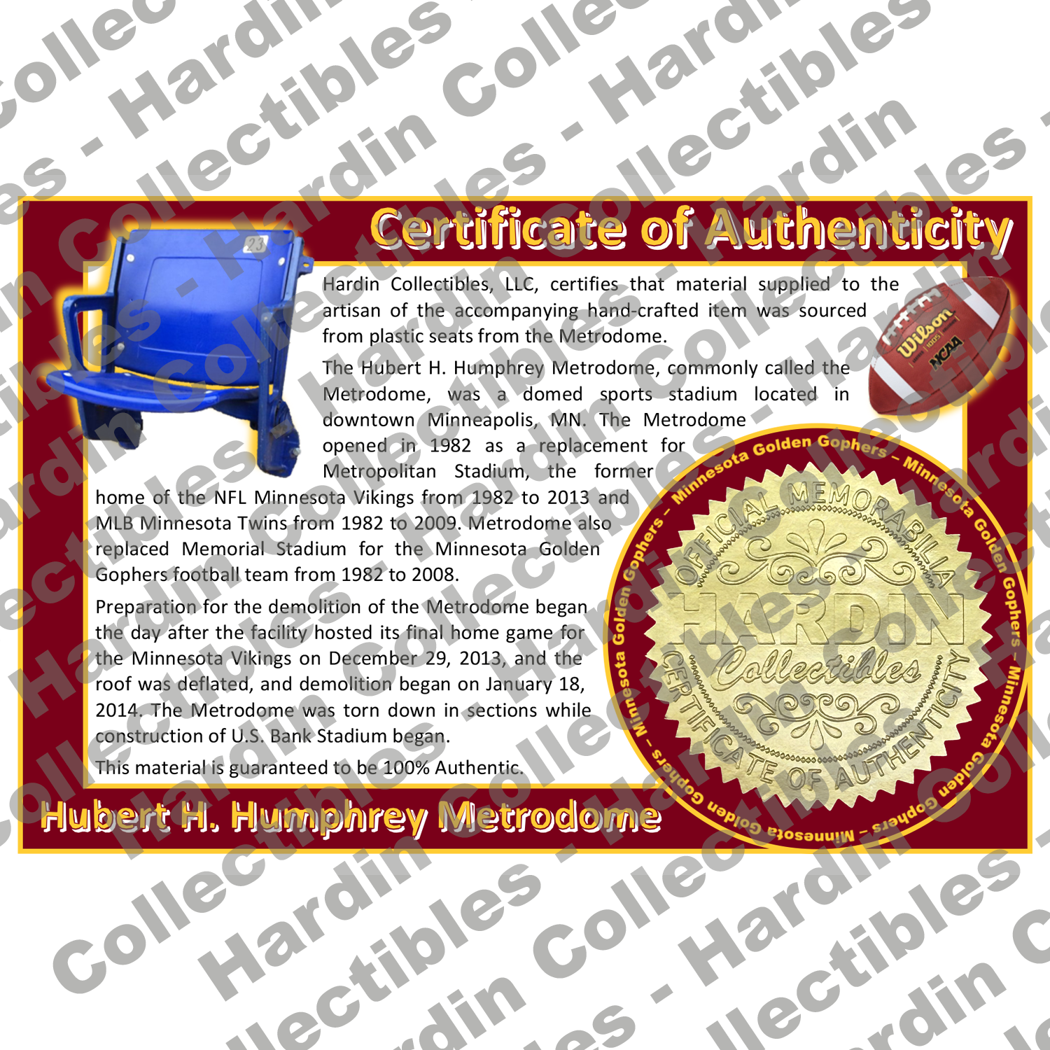 Image of certificate of authenticity for Metrodome (University of Minnesota) - front