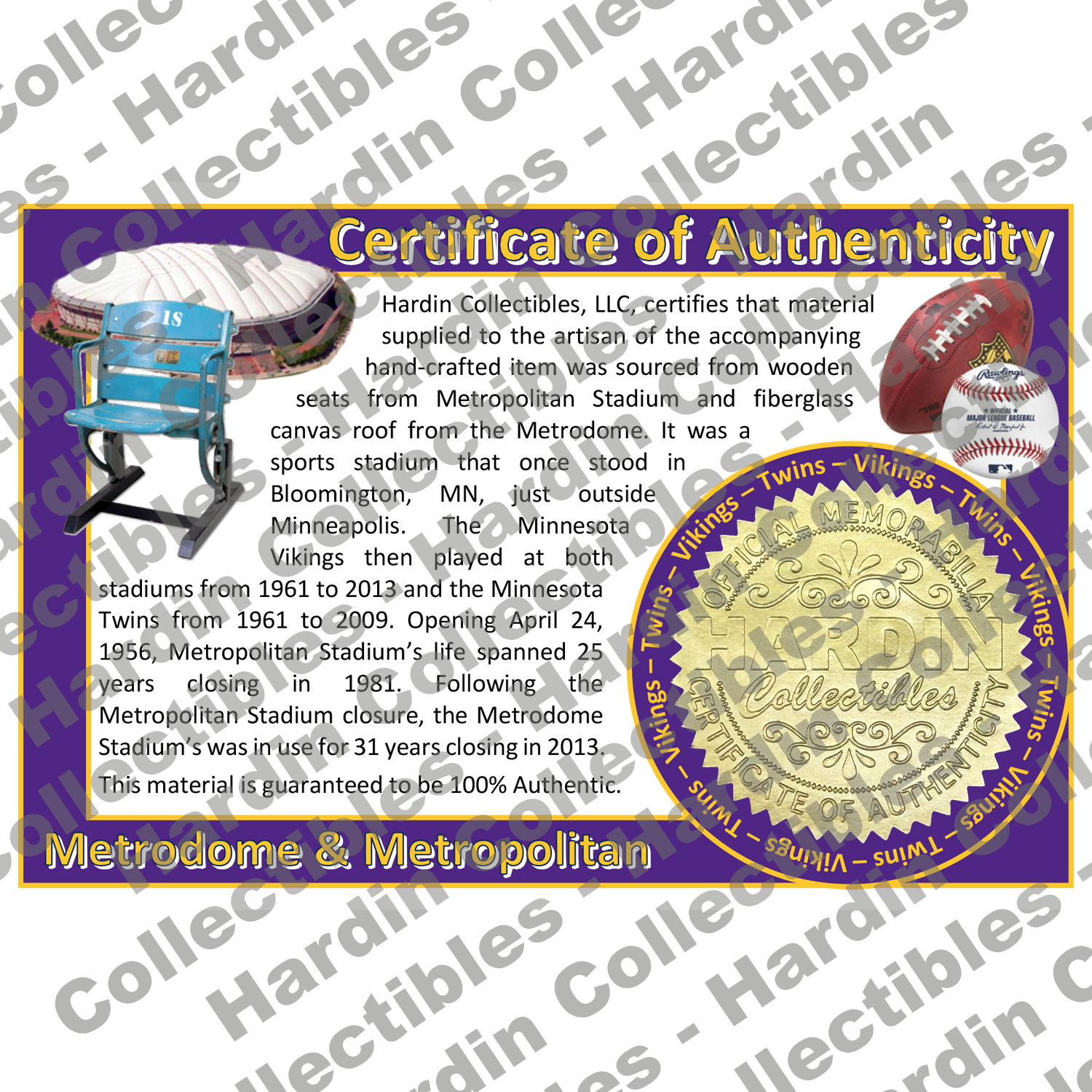 Image of certificate of authenticity for Metropolitan Stadium & Metrodome (Minnesota Twins & Minnesota Vikings) - front