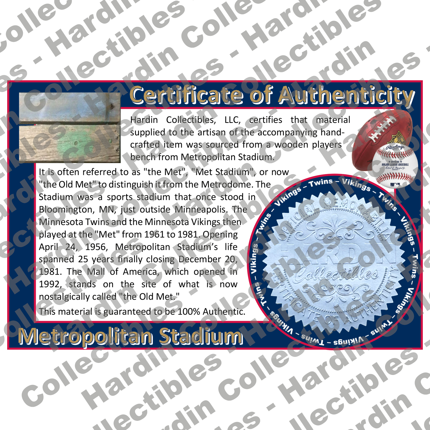 Image of certificate of authenticity for Metropolitan Stadium (Minnesota Twins & Minnesota Vikings) [SEAT] - front
