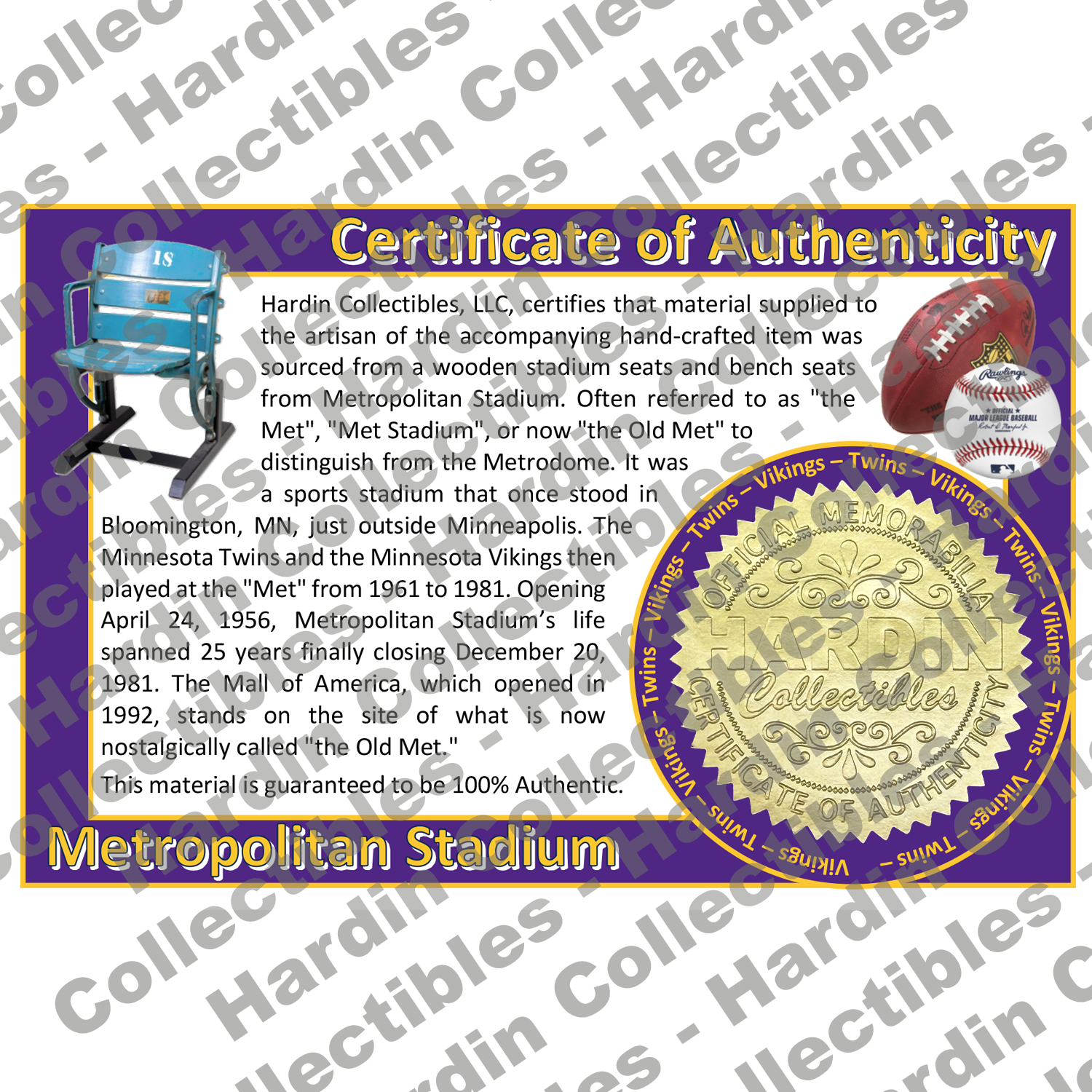 Image of certificate of authenticity for Metropolitan Stadium (Minnesota Twins & Minnes - minnesota-vikings-extra-coa - front