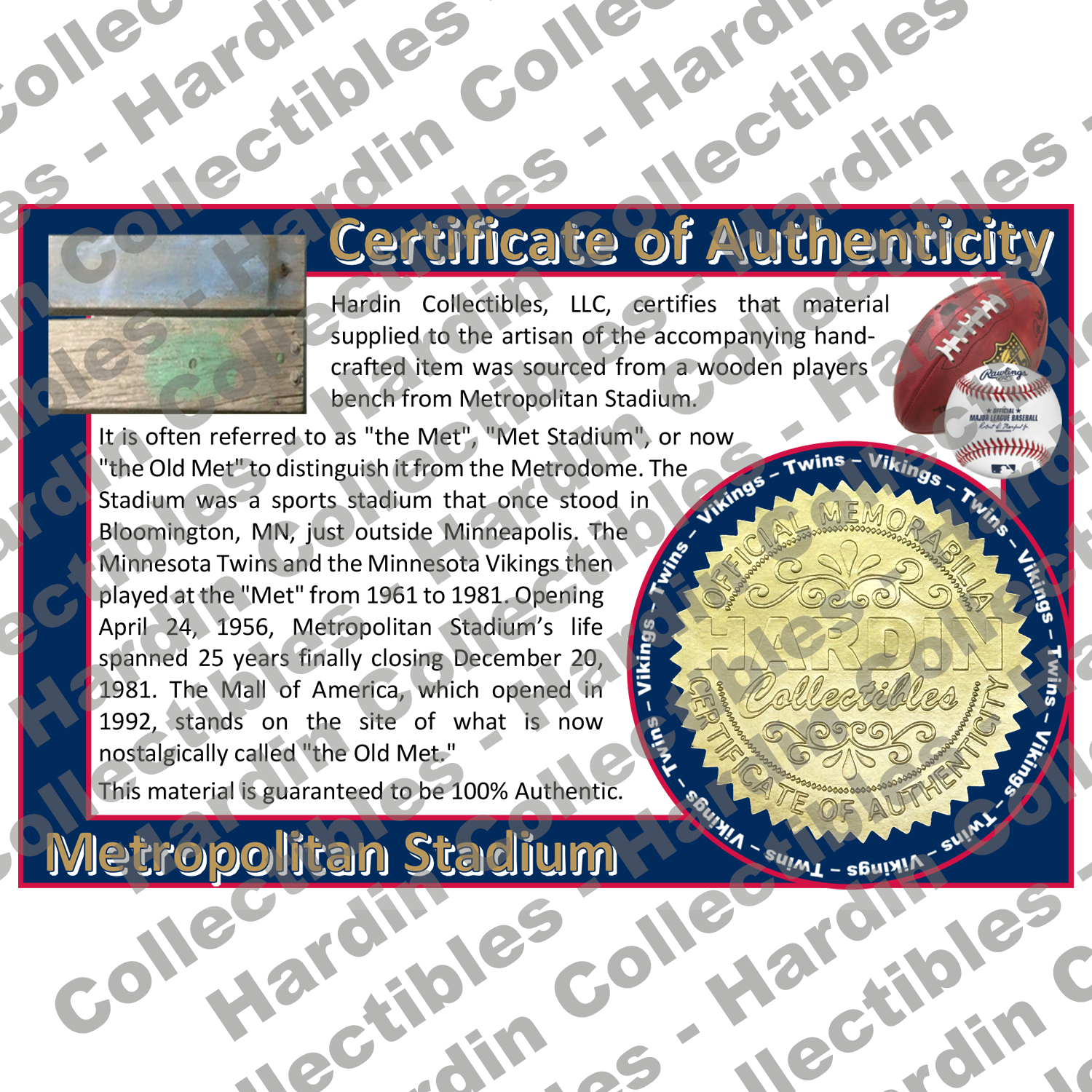 Image of certificate of authenticity for Metropolitan Stadium (Minnesota Twins & Minnesota Vikings) [BENCH] - front