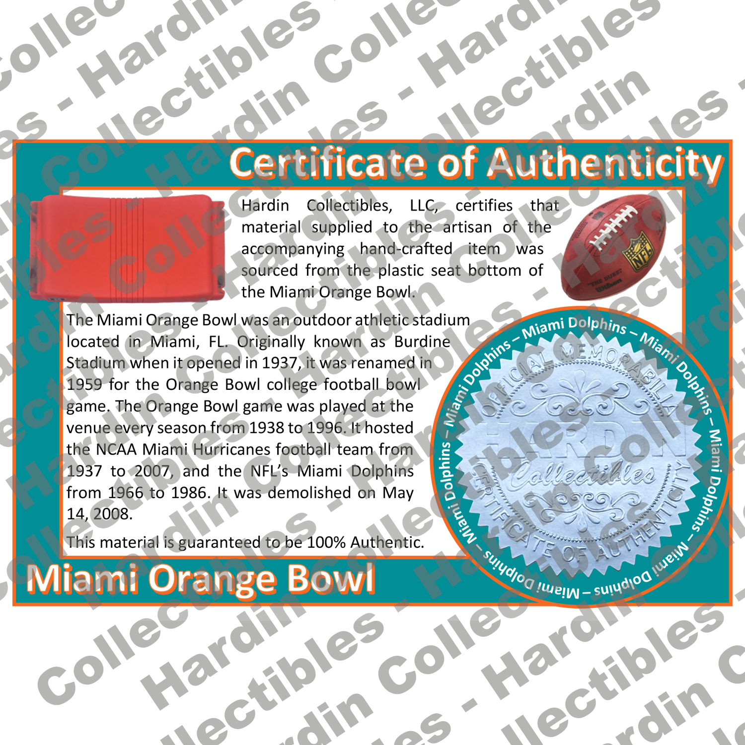 Image of certificate of authenticity for Miami Orange Bowl (Miami Dolphins) - front
