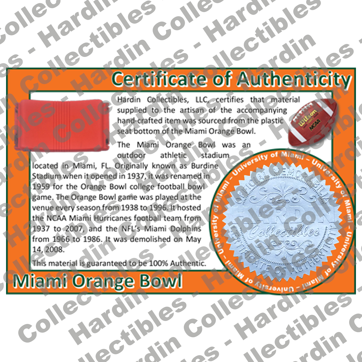 Image of certificate of authenticity for Miami Orange Bowl (University of Miami) - front