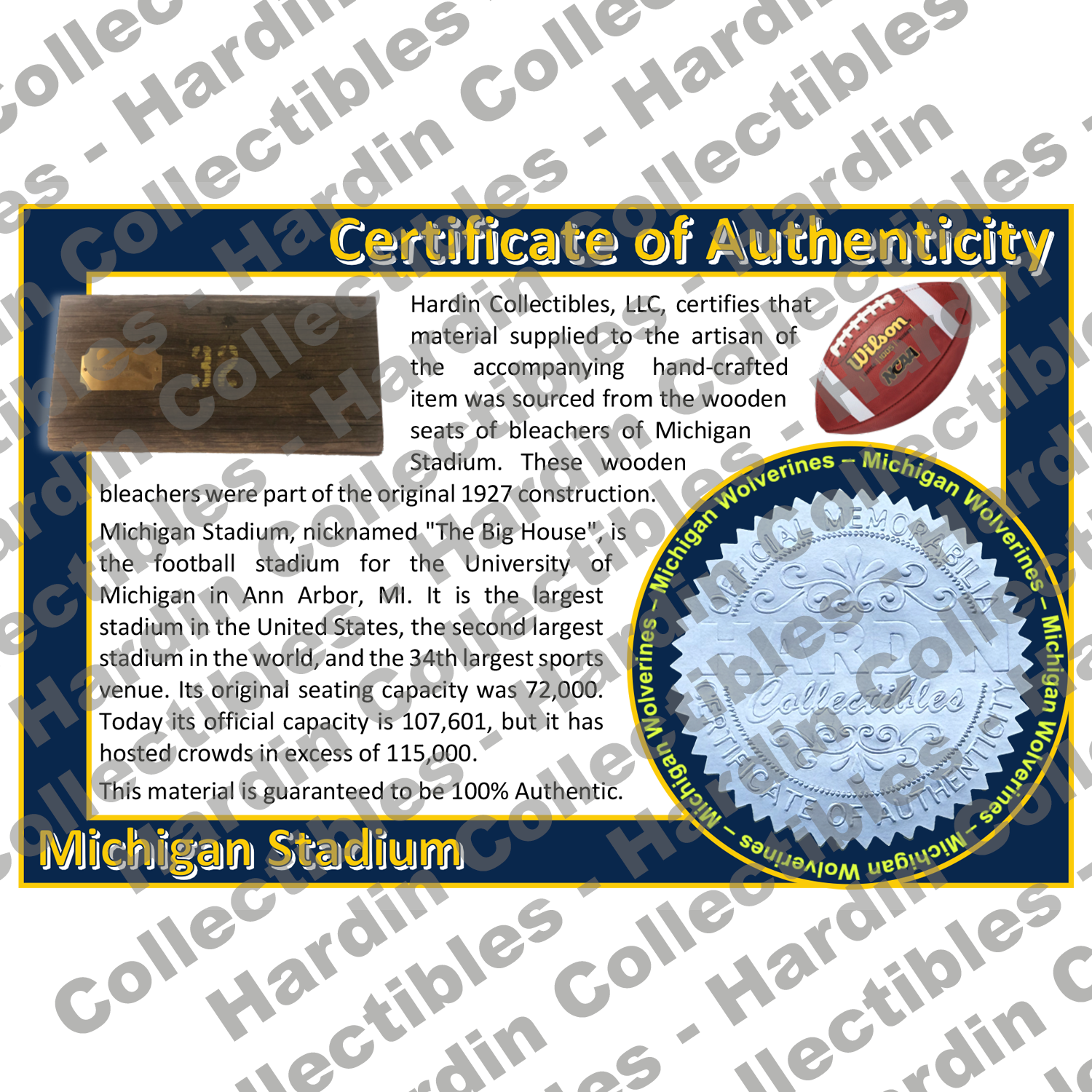 Image of certificate of authenticity for Michigan Stadium (University of Michigan) - front