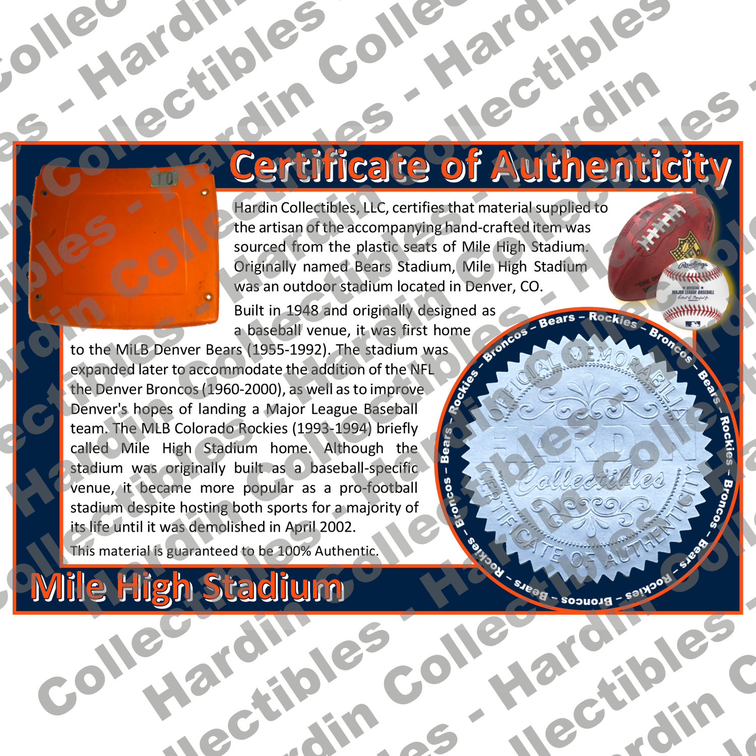 Image of certificate of authenticity for Mile High Stadium (Denver Broncos) - front