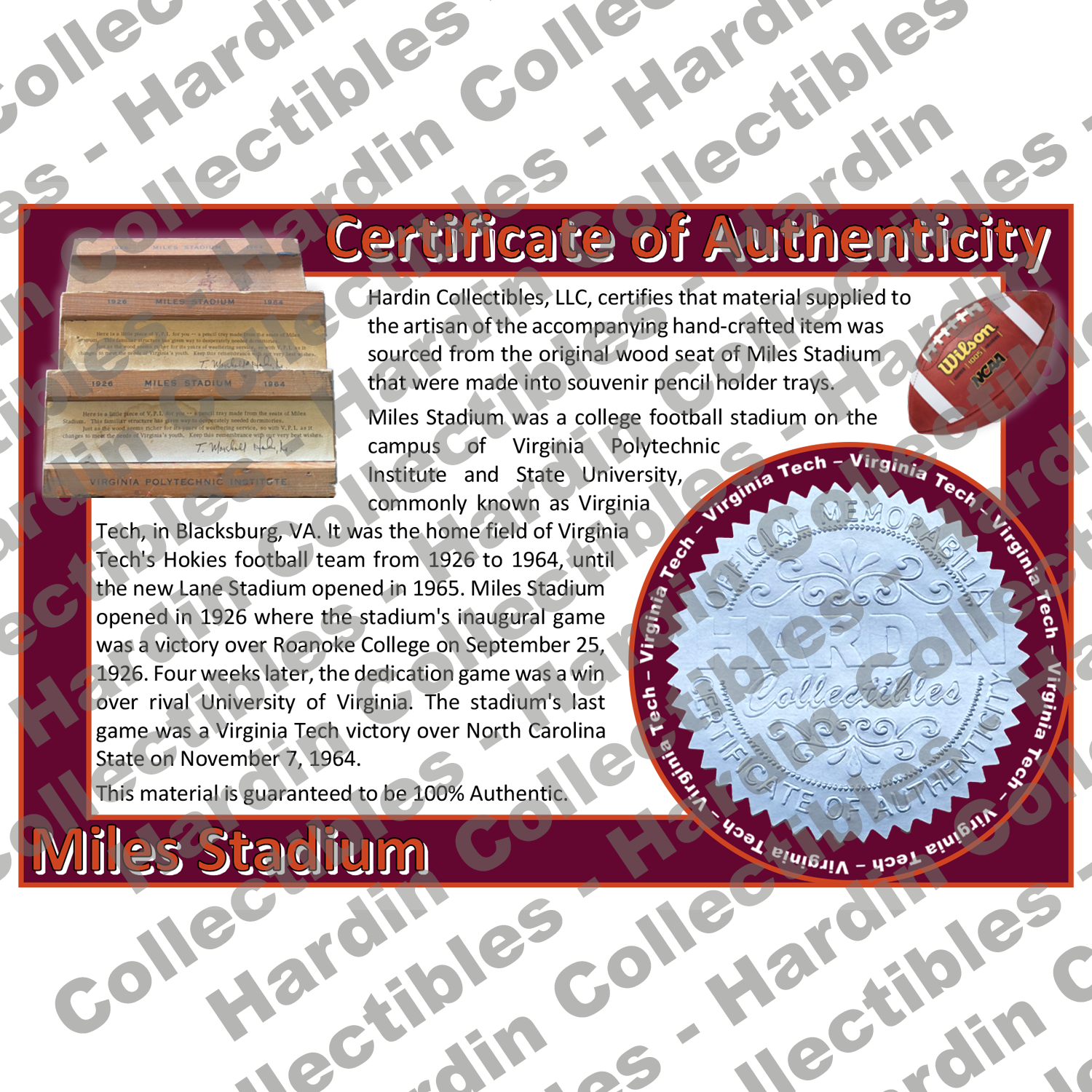 Image of certificate of authenticity for Miles Stadium (Virginia Tech University) - front