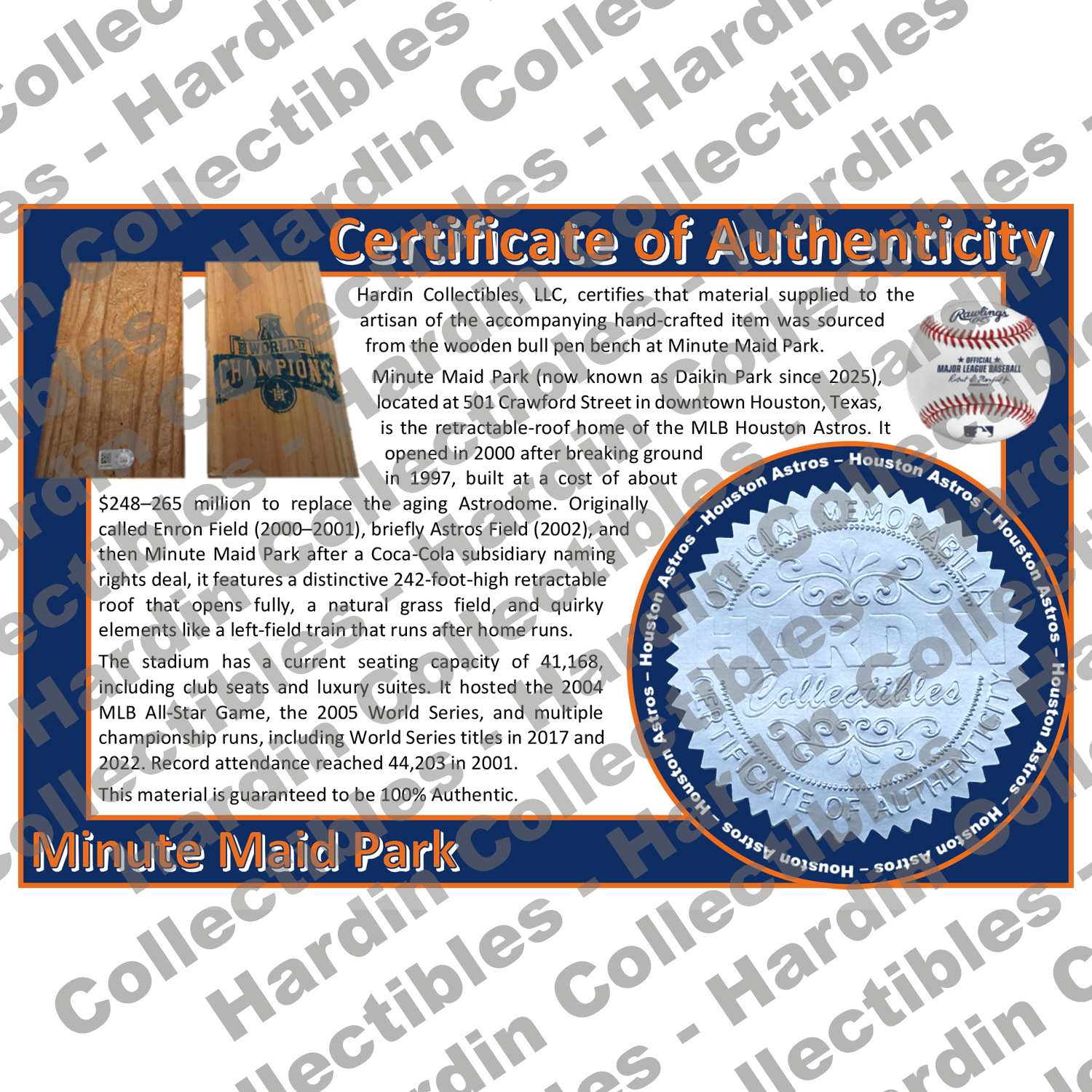 Image of certificate of authenticity for Minute Maid Park (Houston Astros) - extra-coa - front